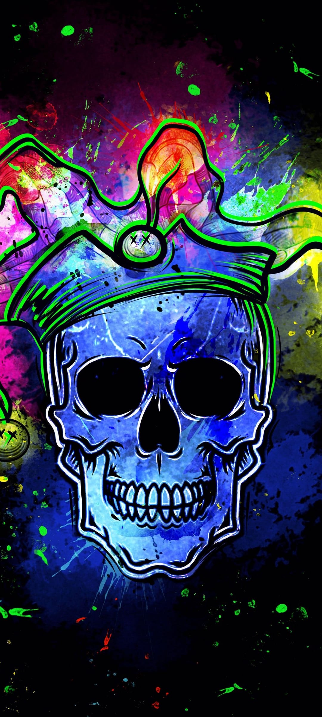 Blue skull wearing a neon green jester hat surrounded by vibrant pink, purple, and yellow paint splatters.