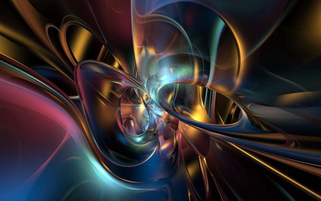 Swirling blue chrome and translucent glass ribbons reflecting golden light with deep shadows and glossy textures.