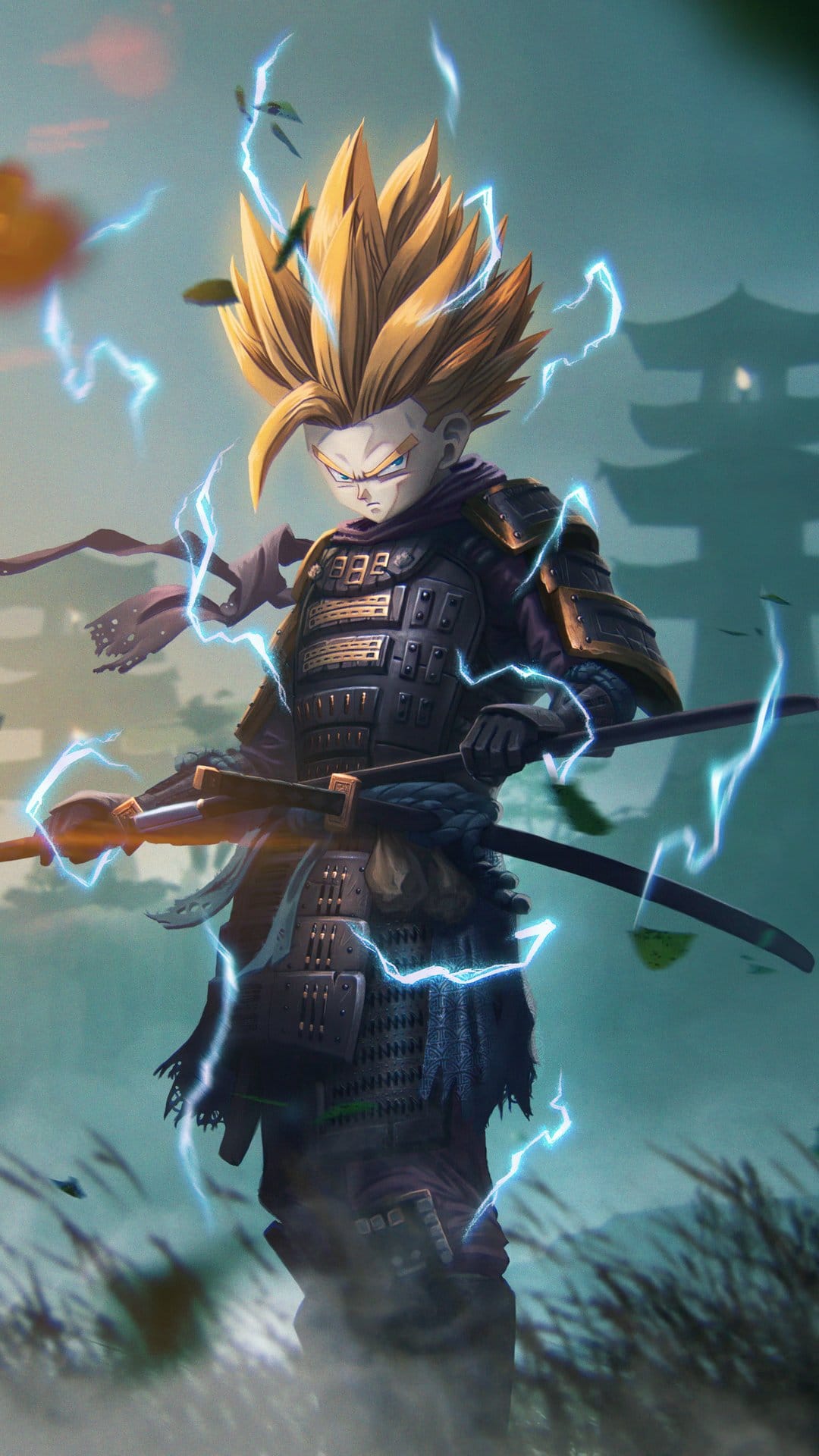 Golden-haired samurai in traditional armor holds two swords while surrounded by bright blue lightning bolts.