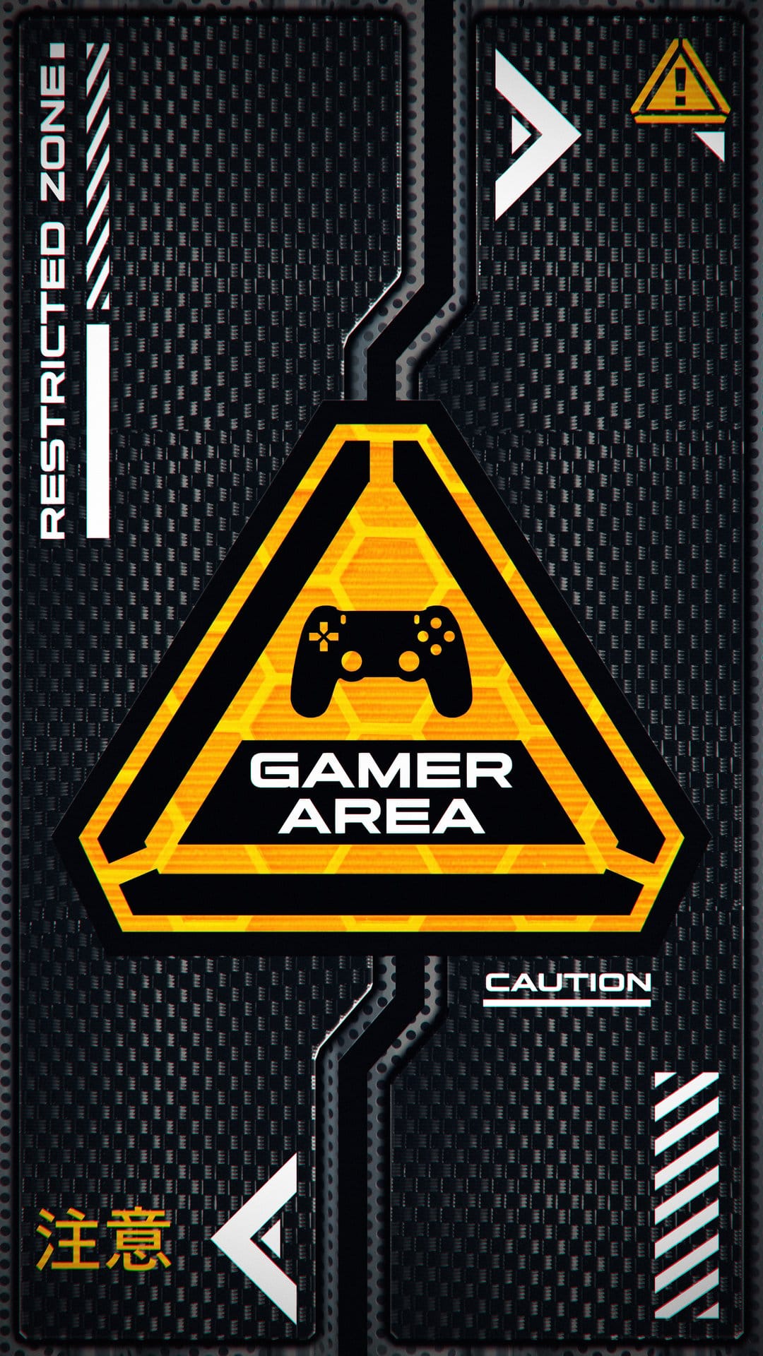 Triangular gamer area warning sign with a controller icon and hazard stripes on a dark textured surface.