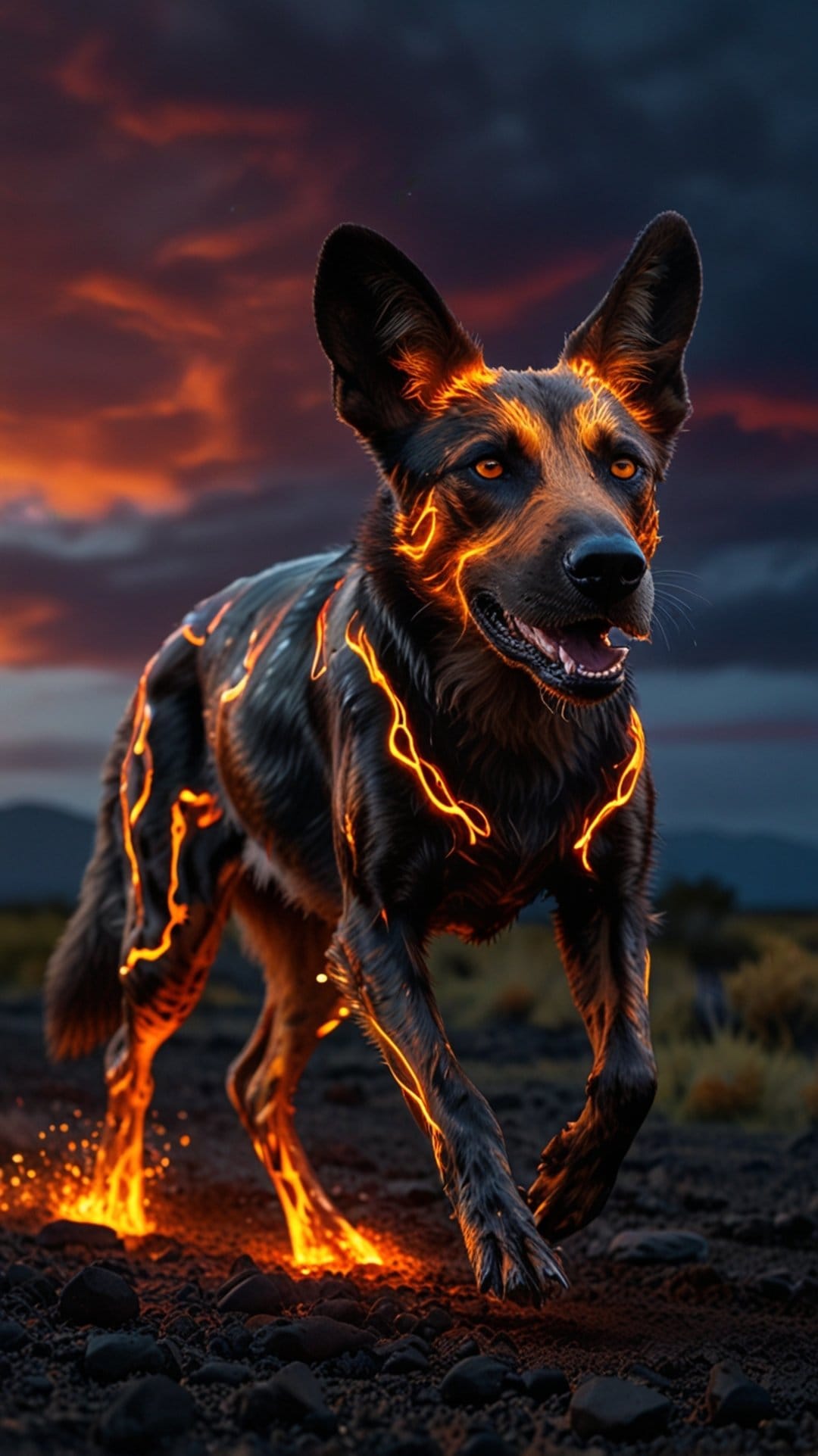 Muscular black dog with glowing orange lava patterns running across dark volcanic rocks under a sunset sky.