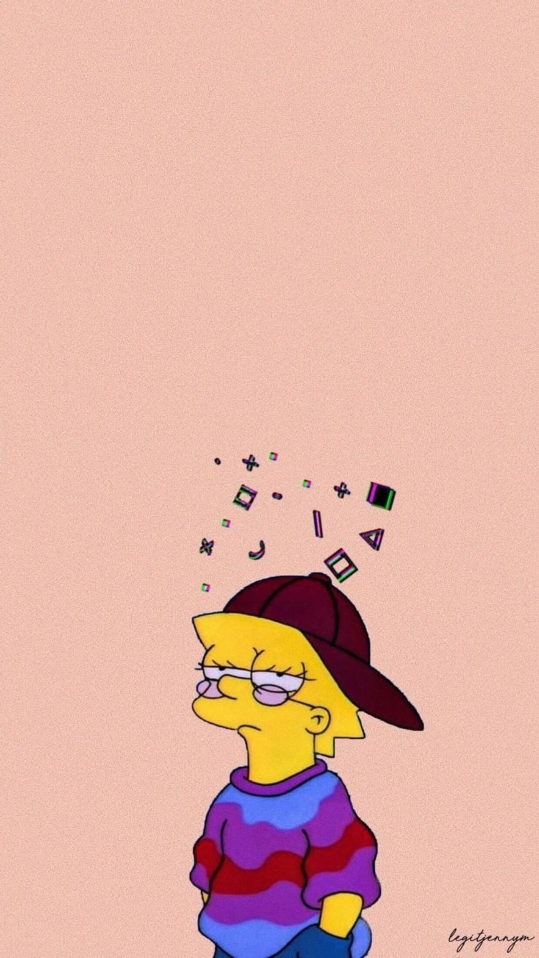 Lisa Simpson wearing a backwards cap, glasses, and striped sweater against a pink glitchy geometric background.