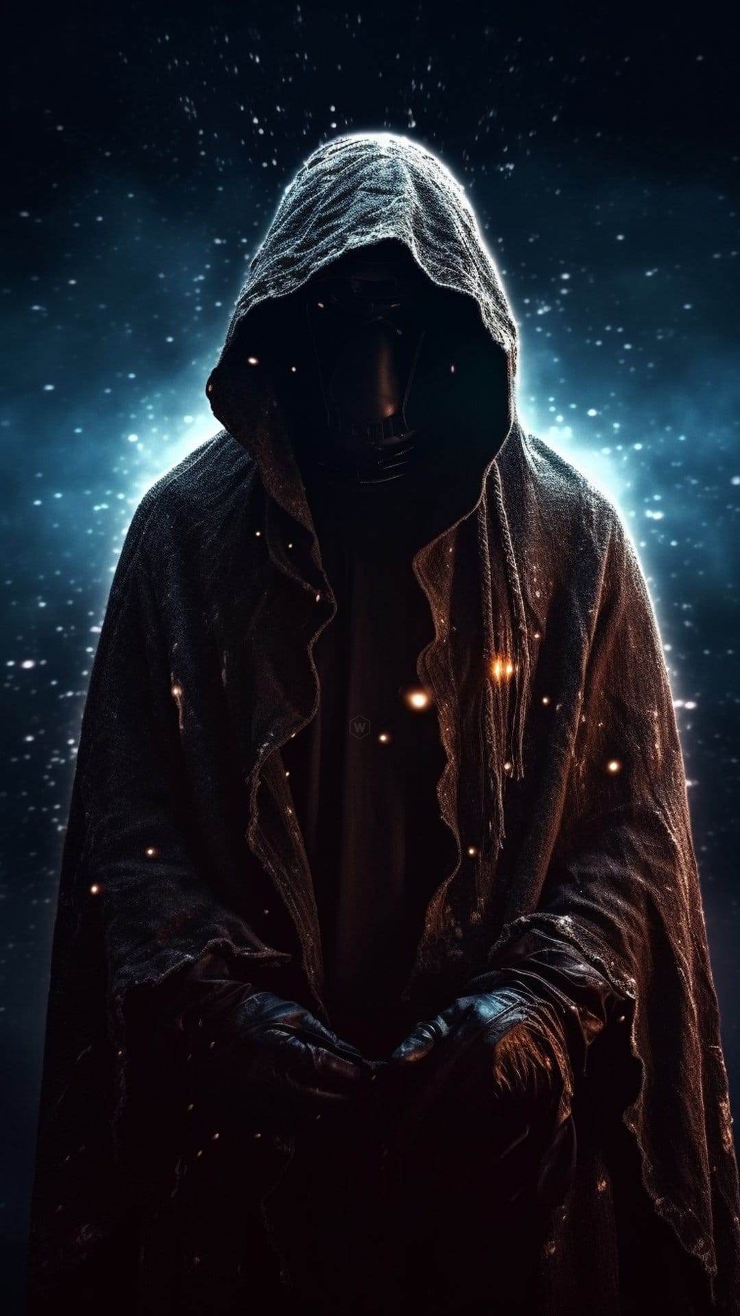 Hooded figure in a textured dark cloak stands against a blue cosmic nebula with shimmering stars and glowing dust.