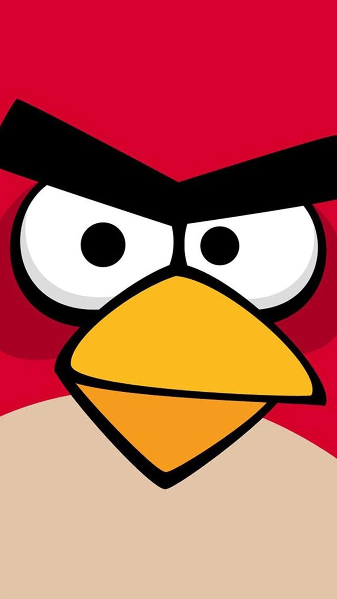 Red Angry Bird face featuring thick black eyebrows and a yellow beak against a vibrant red background.