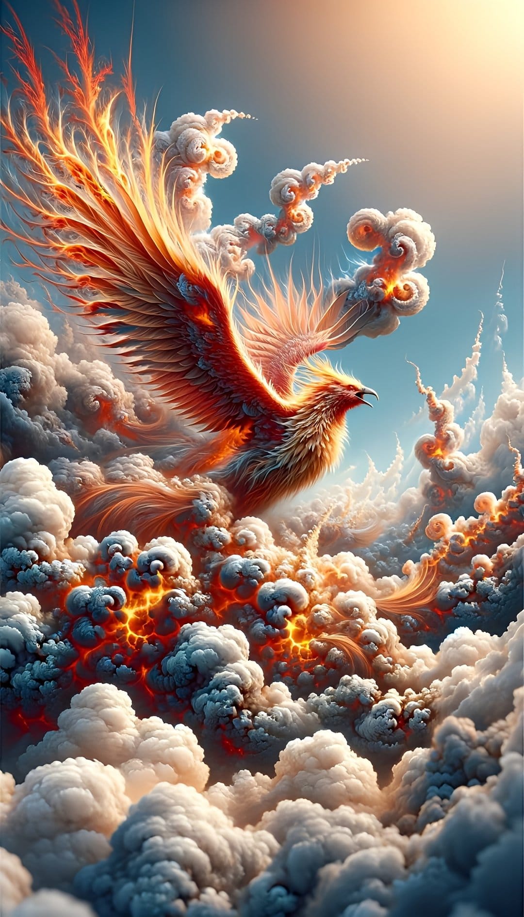 Fiery orange phoenix with glowing wings ascends through swirling white clouds and glowing embers in a blue sky.