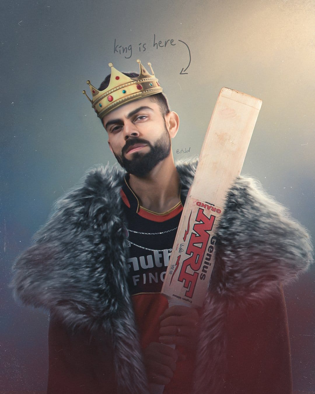 Virat Kohli wearing a golden crown and thick fur mantle while holding an MRF cricket bat in a regal pose.
