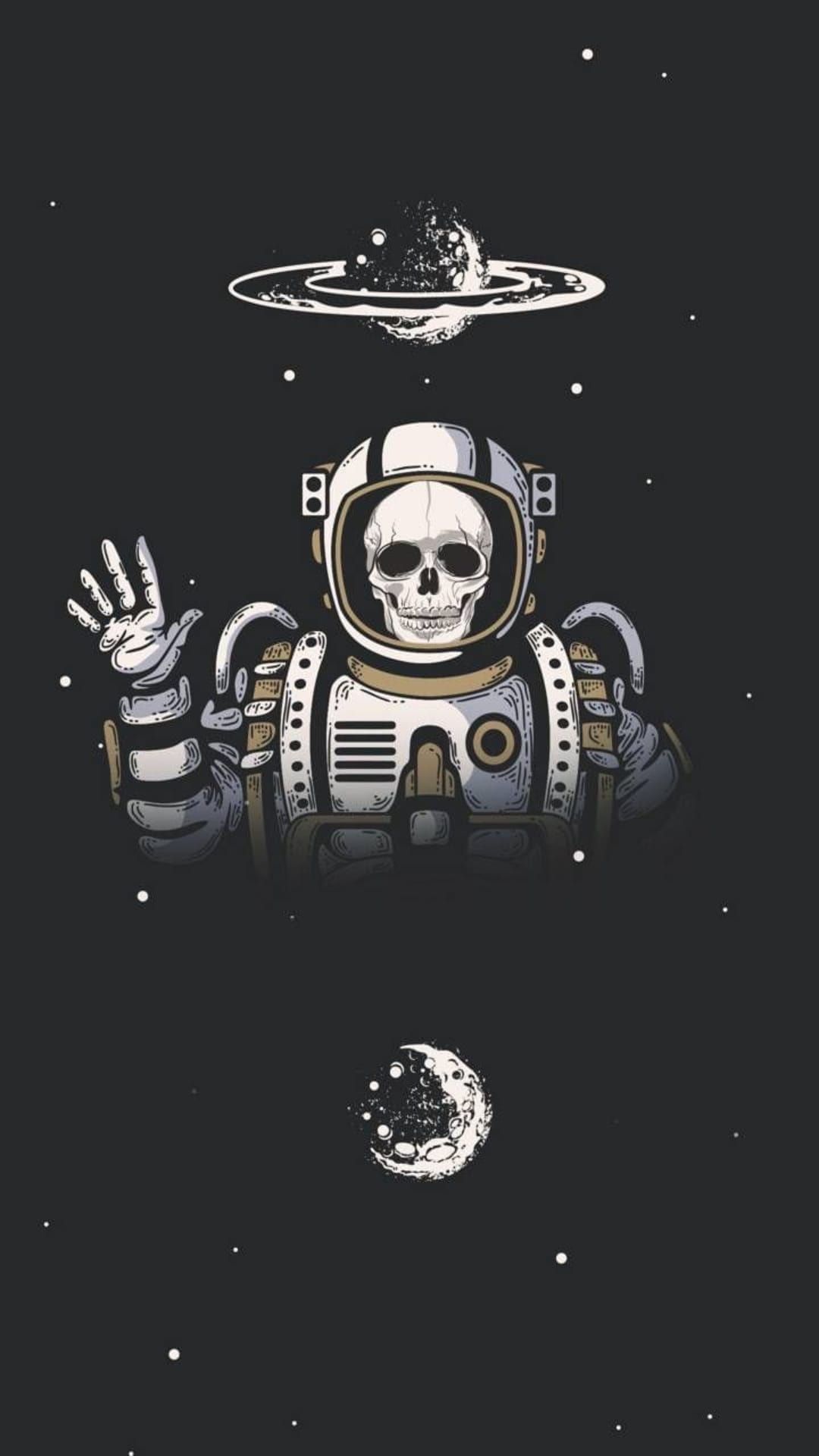 Skeleton in a detailed spacesuit waves its hand amidst a ringed planet, shattered moon, and distant stars.