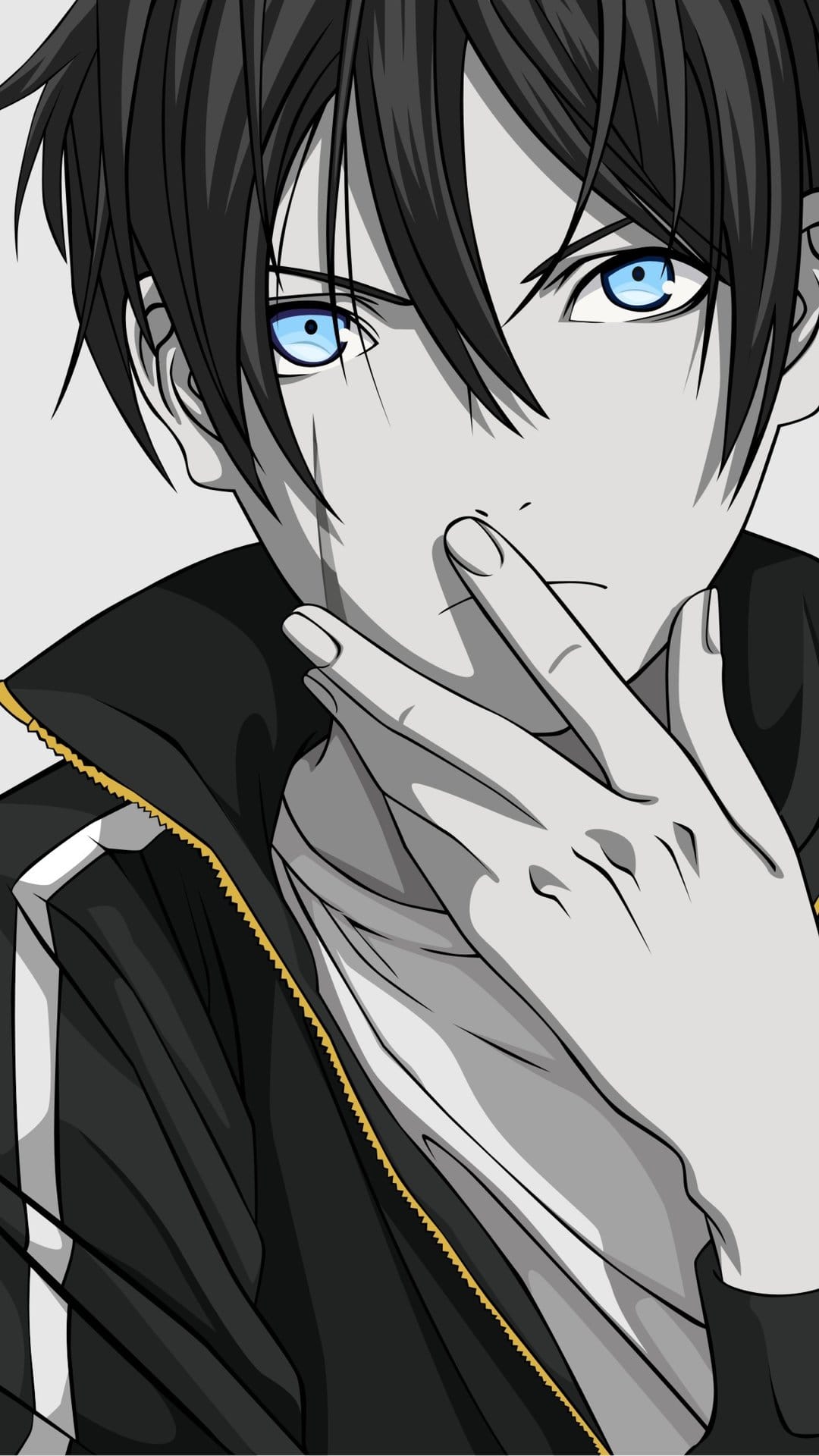 Yato from Noragami with dark messy hair and one bright blue eye touches his chin against a grey studio background.