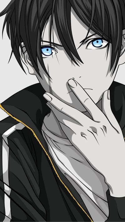 Yato, Noragami, black and white, blue eyes, god, iconic, character, anime, fan art, cool, manga, mysterious, Yukine, Hiyori, stray god, powerful, minimalist, thoughtful, intense, calamity