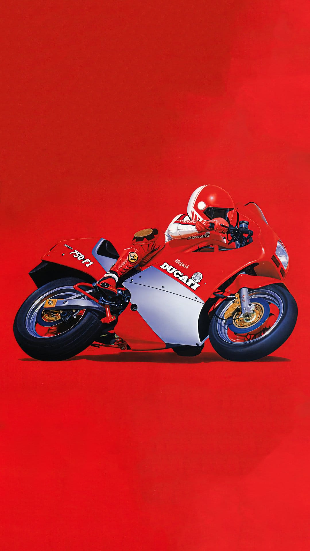 Ducati 750 F1 motorcycle with white fairings and a rider in gear leans against a solid red background.