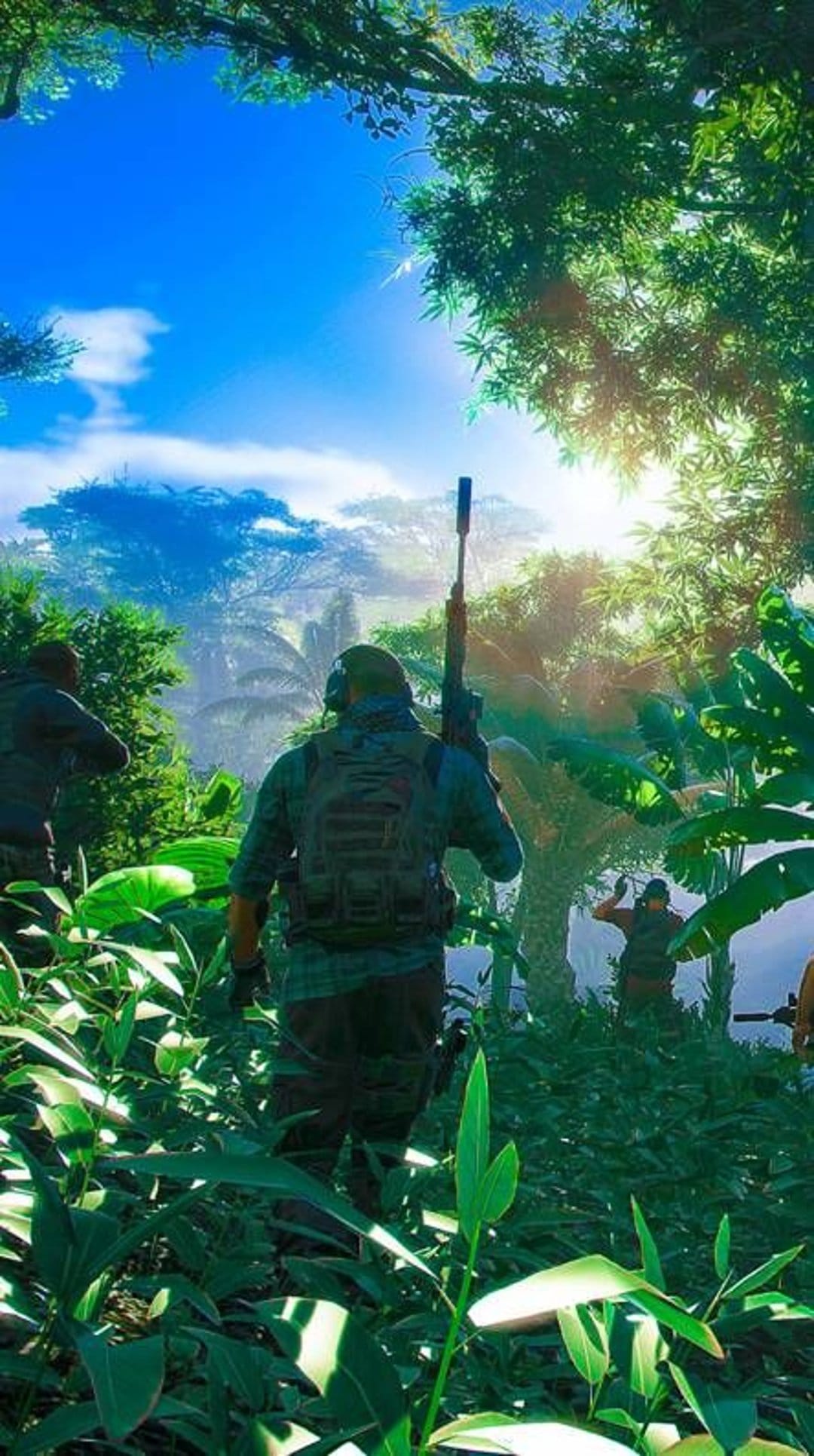 Tactical soldiers carrying rifles move through a dense jungle with sunlight filtering through tree branches.