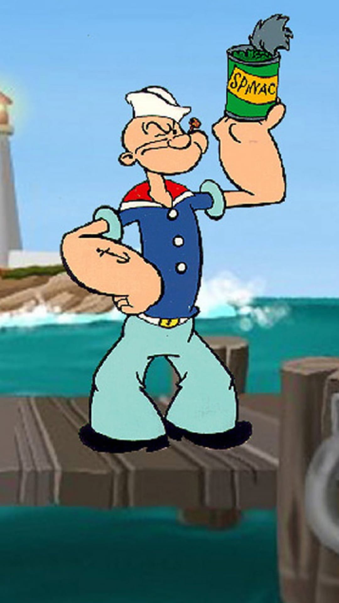 Popeye the Sailor Man stands on a dock holding spinach with a lighthouse and choppy blue sea in the background.