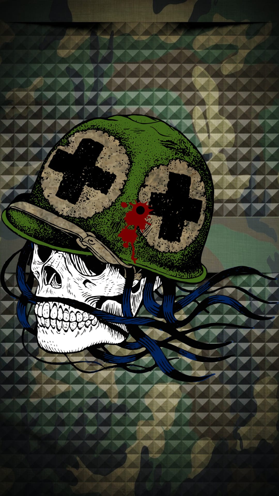 Skeletal head wearing a green combat helmet with black crosses and blue hair against a camouflage pattern.