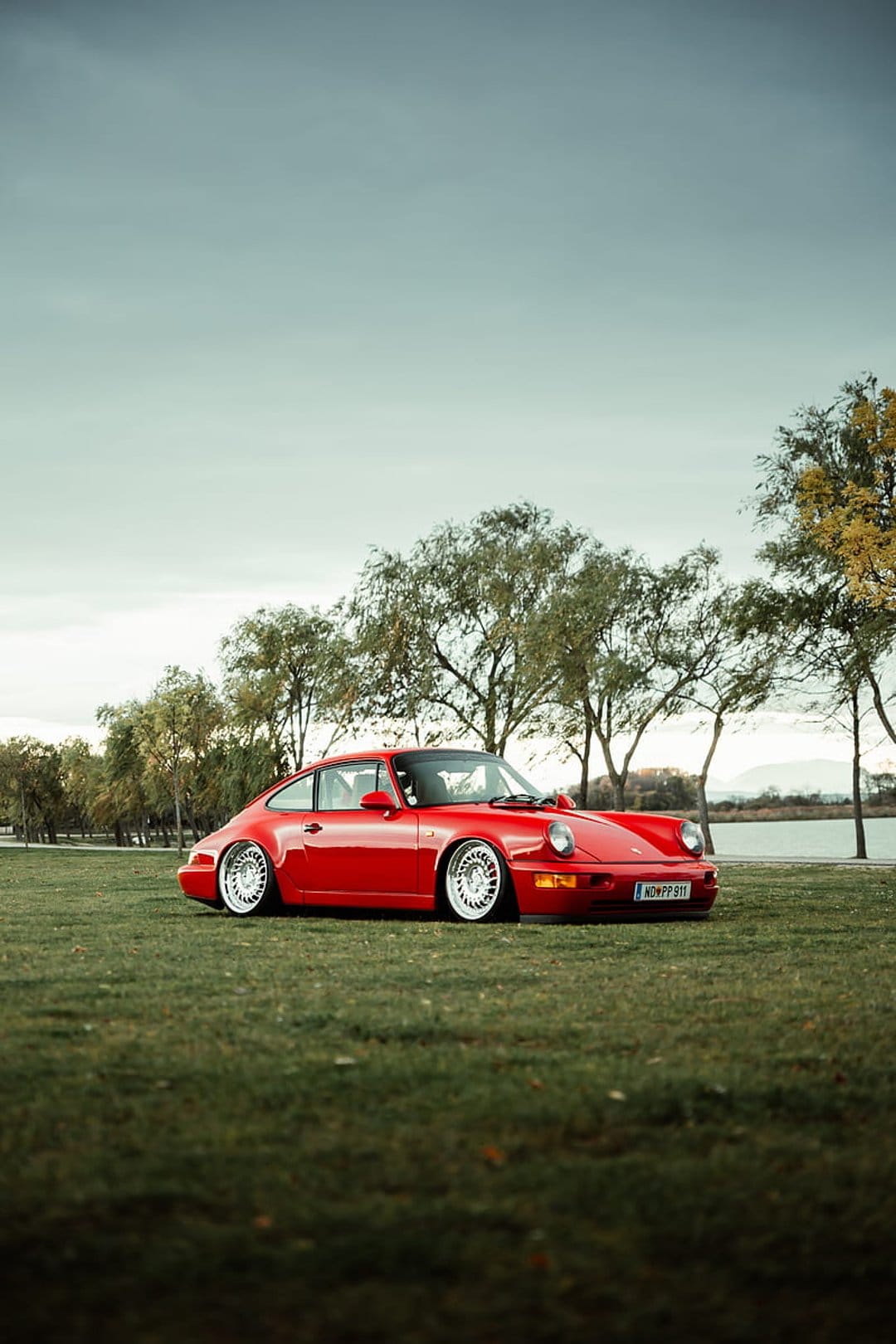 Red Porsche 911 sports car parked on a green grassy field with a line of trees under an overcast sky.
