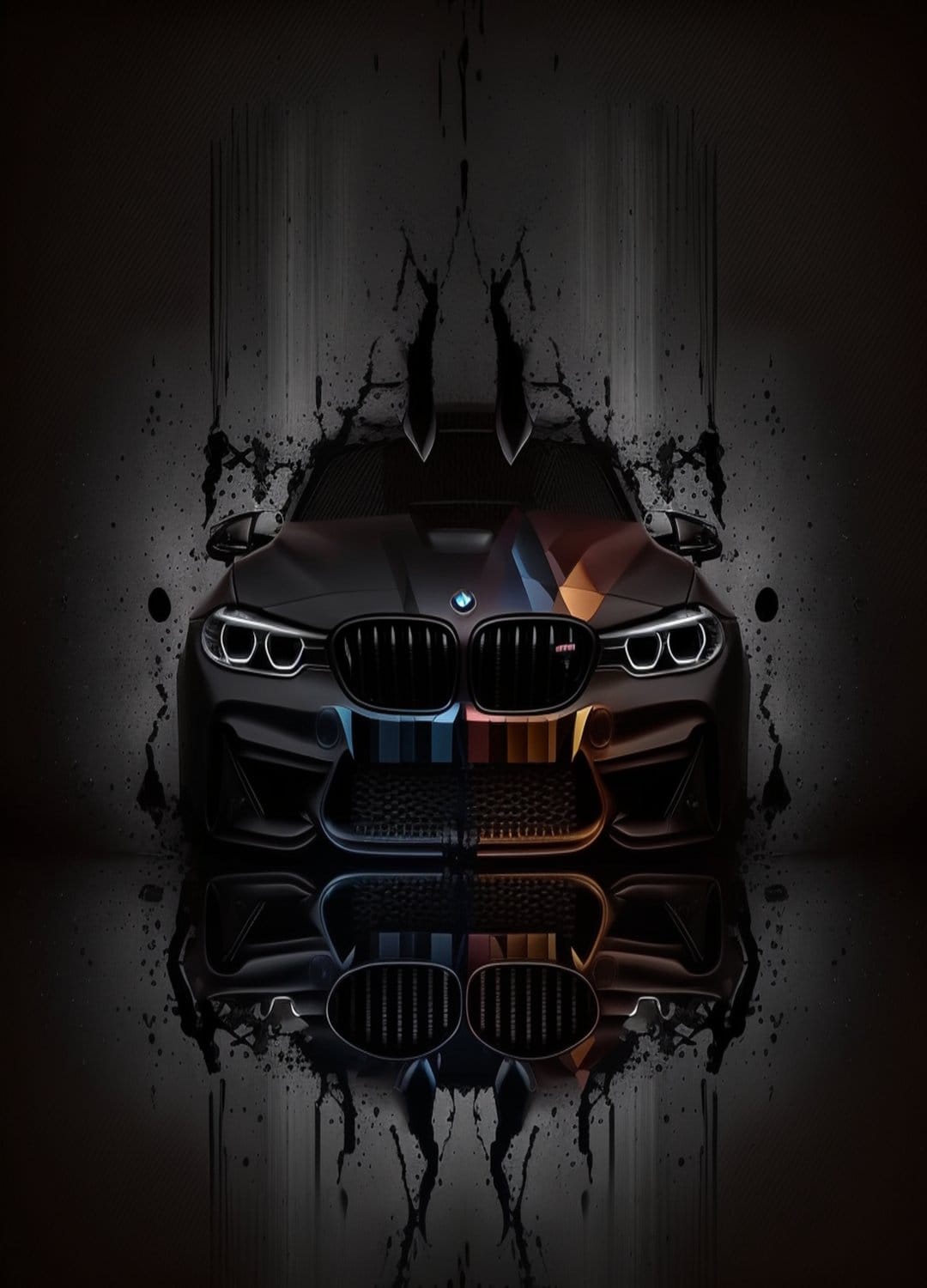 BMW M car front with glowing headlights and black ink splatters reflecting on a dark, glossy floor surface.