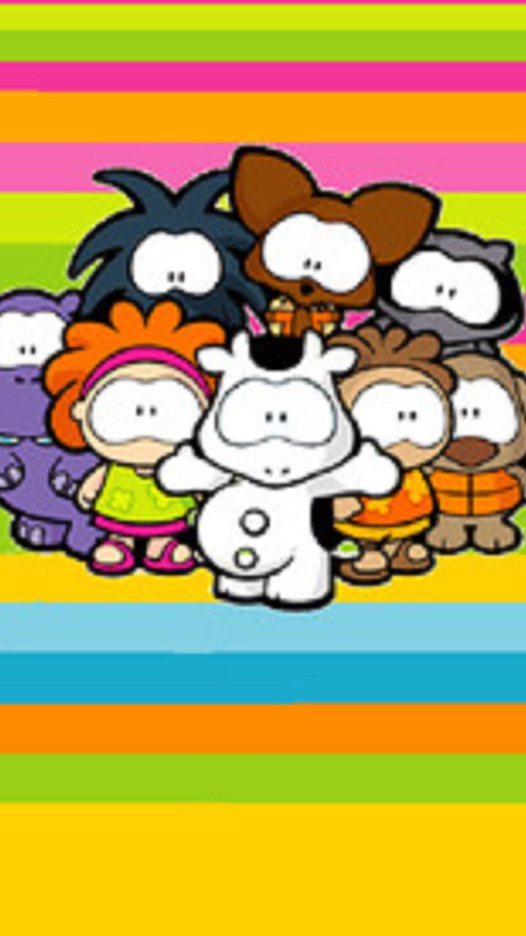 A group of small, wide-eyed cartoon animals and a girl stand before a background of horizontal rainbow stripes.