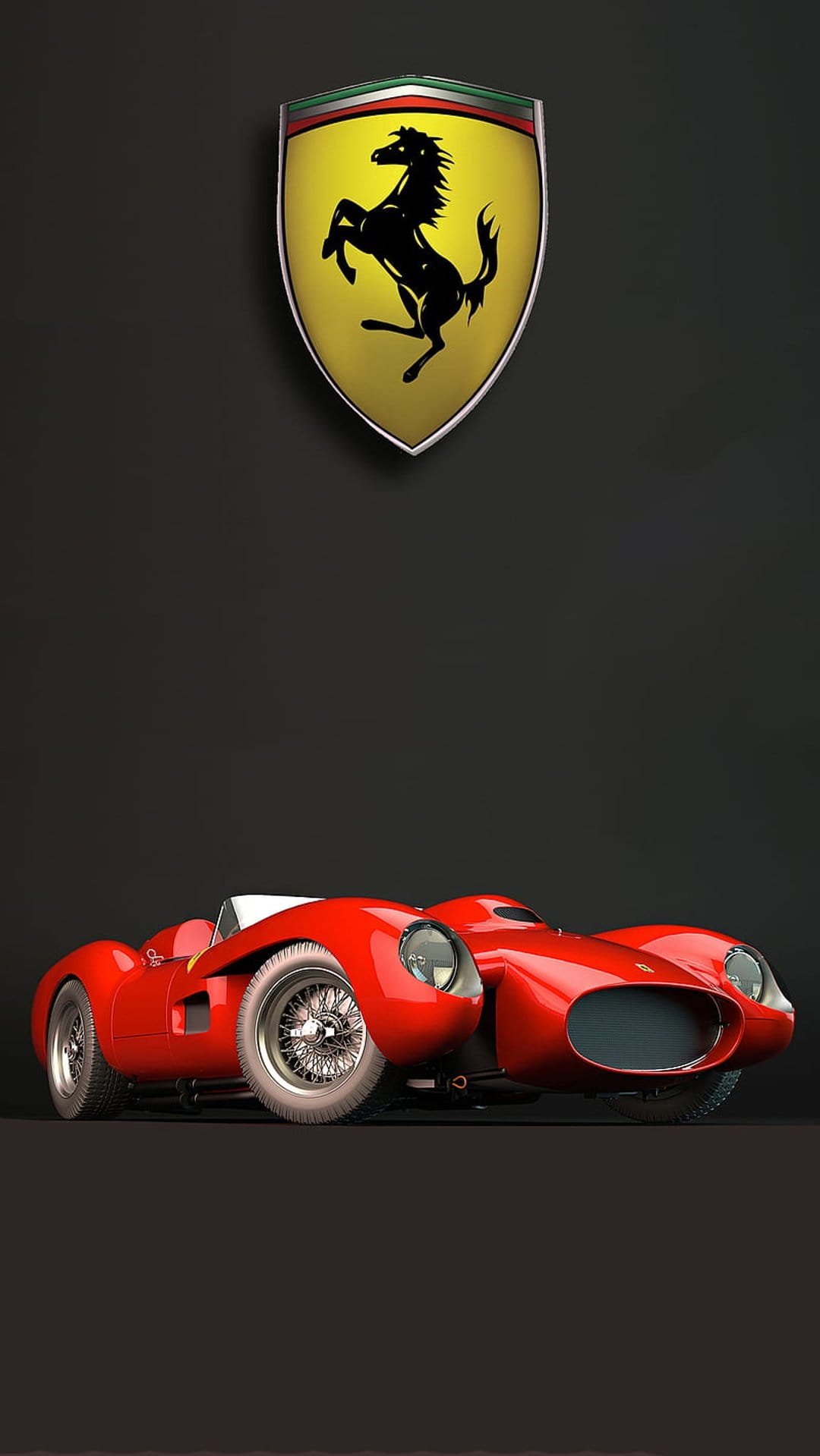 Red vintage Ferrari race car positioned below a yellow Scuderia emblem against a dark textured background.