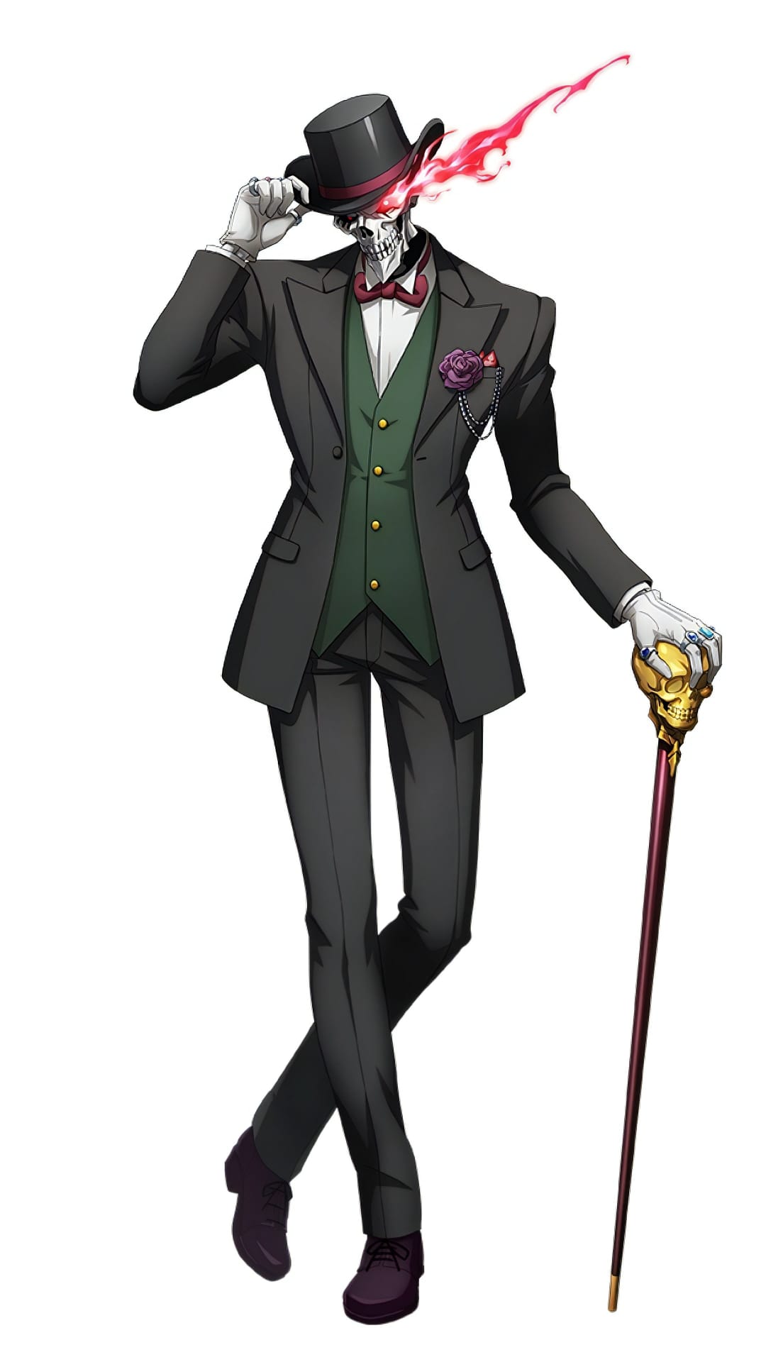 Skeletal gentleman wearing a black top hat and suit holds a gold skull cane with glowing red eye sockets.
