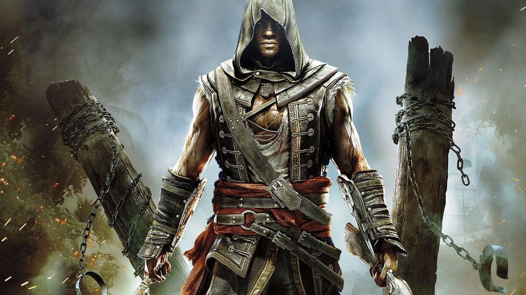 Hooded assassin Adéwalé stands holding two machetes between chained wooden pillars in a smoky tropical environment.