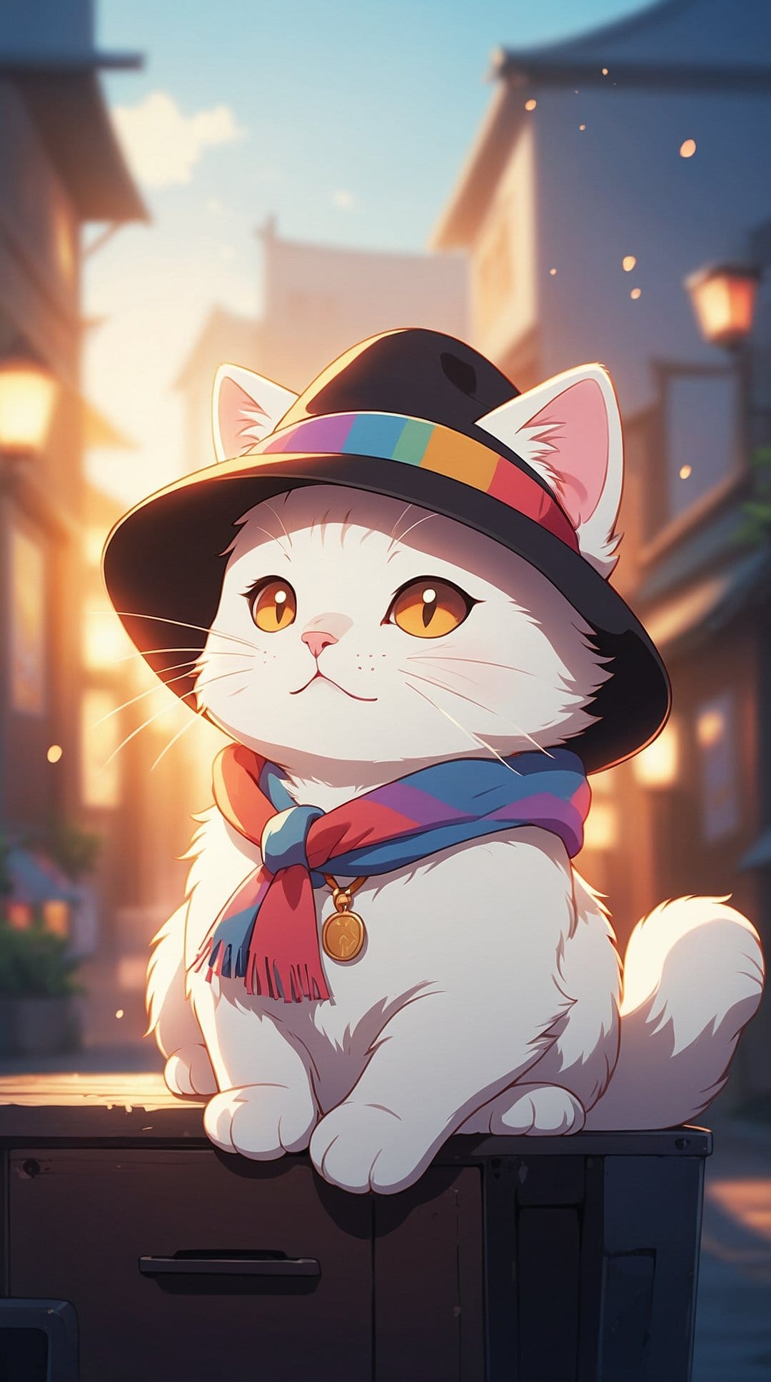 Fluffy white cat with large yellow eyes wears a black hat with a rainbow band and a colorful knit scarf.