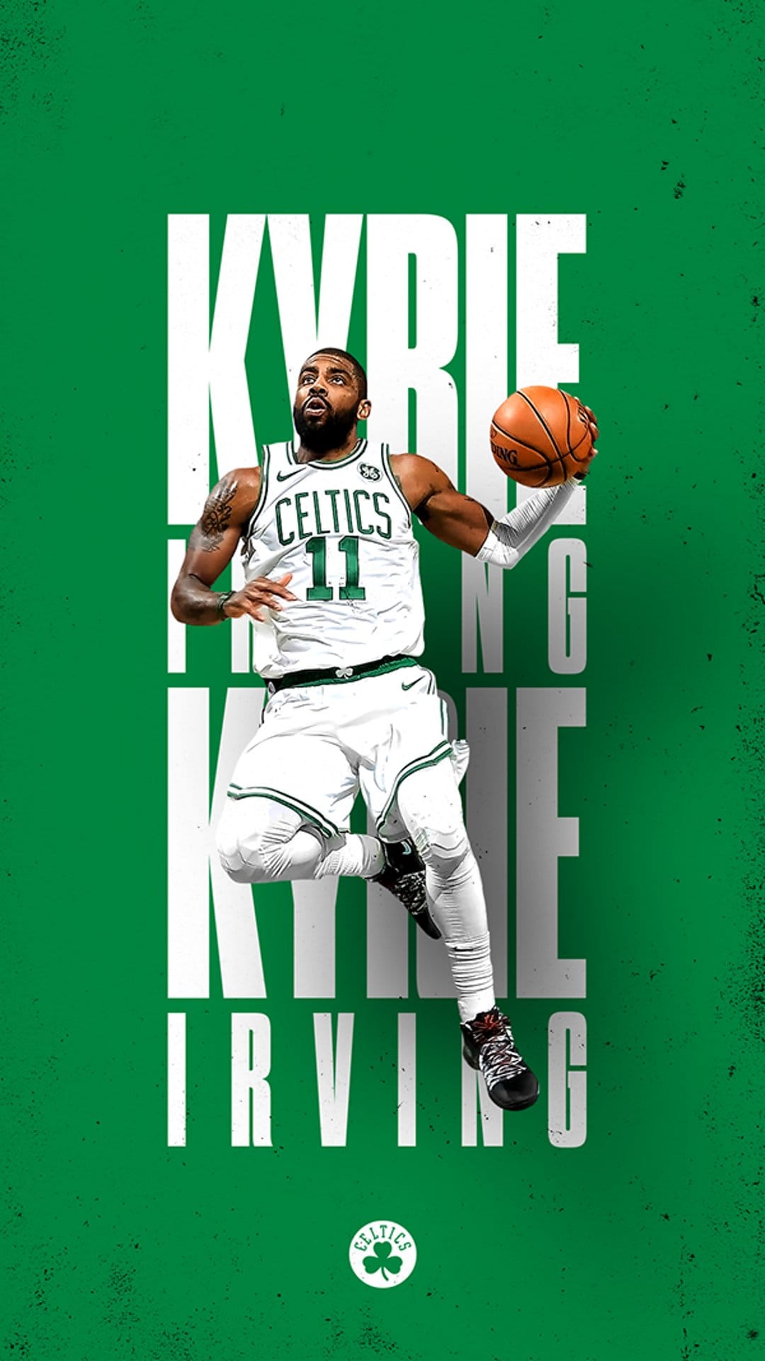 Kyrie Irving in a white number 11 Celtics jersey performs a mid-air jump shot against a green textured backdrop.