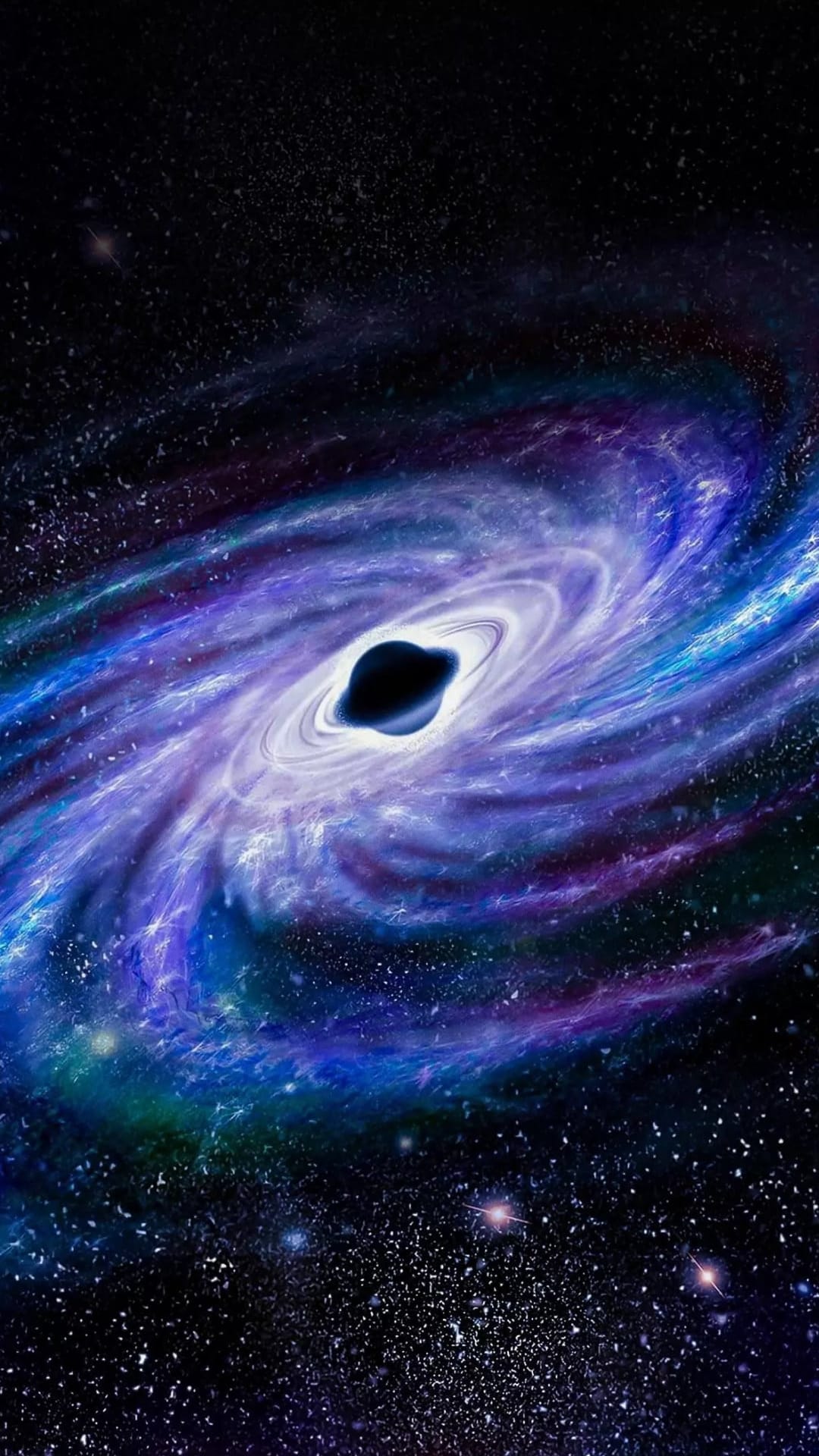 Dark black hole centered in a swirling nebula of vibrant purple and blue light with scattered twinkling stars.