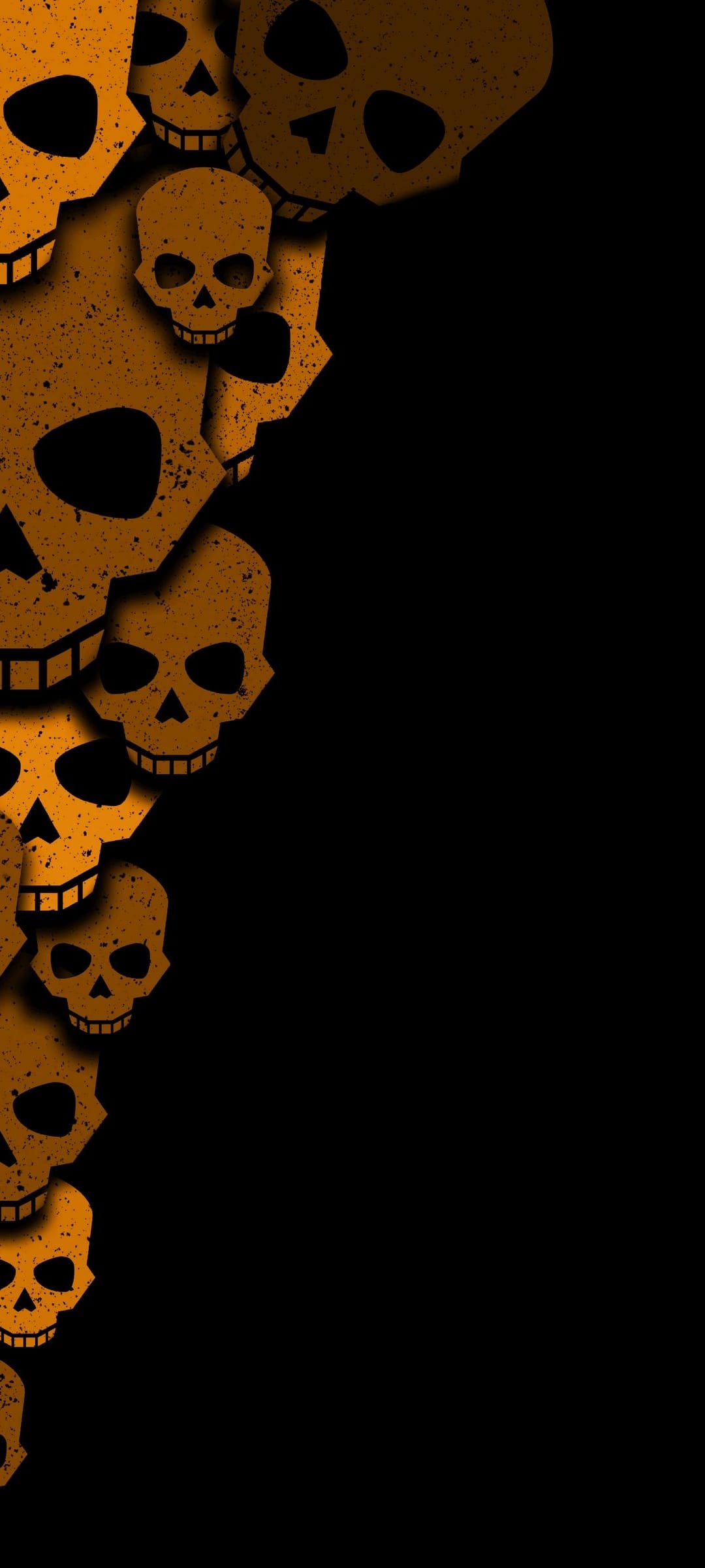 Orange skulls with distressed textures form a vertical border on the left side of a solid black background.