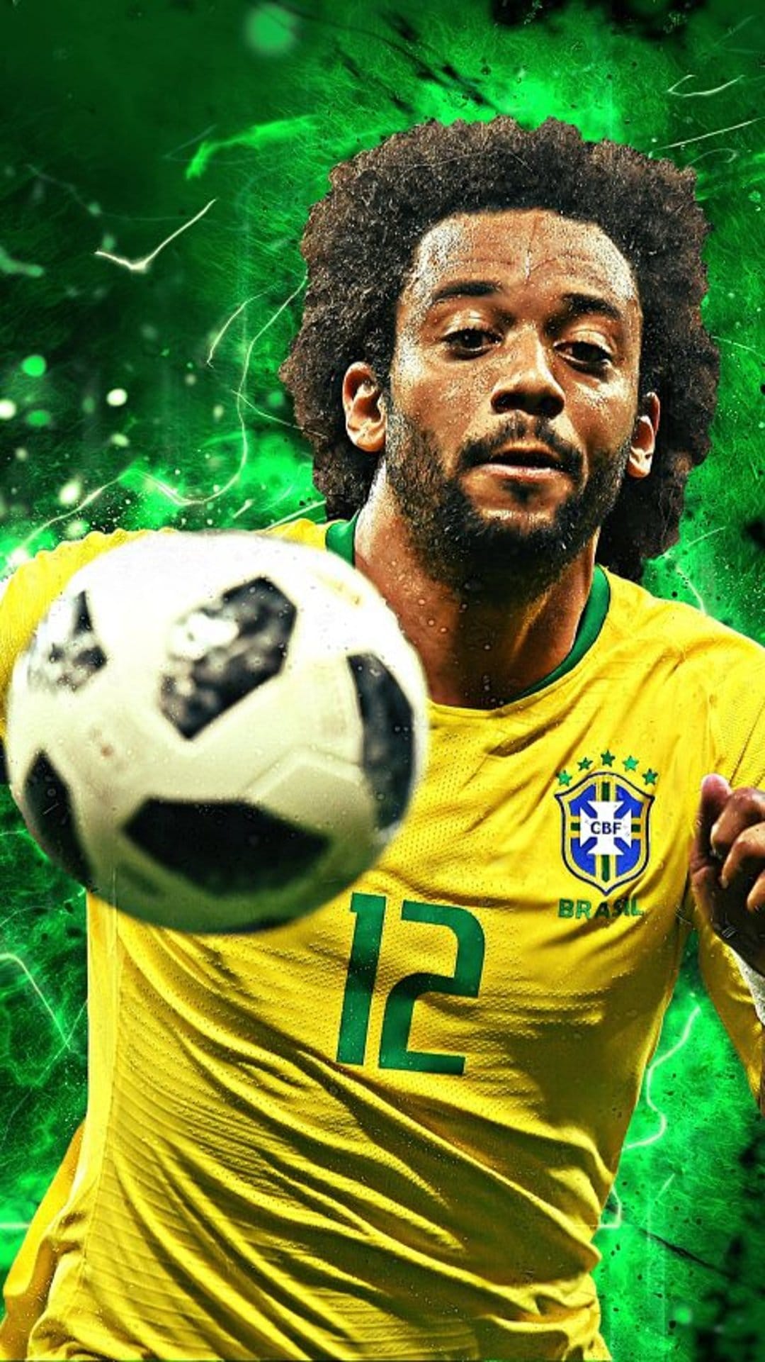 Marcelo in a yellow Brazil jersey stares intensely behind a blurred football with green energy effects.