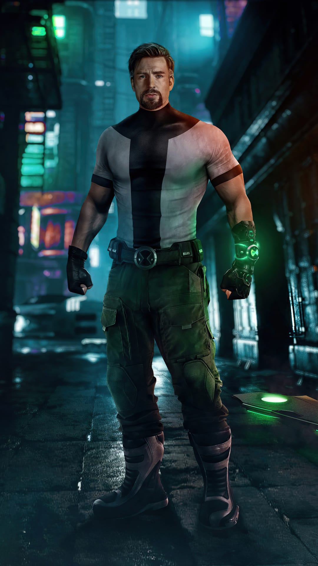 Chris Evans as Johnny Storm wears tactical gear and a glowing gauntlet on a rainy, neon-lit cyberpunk street.