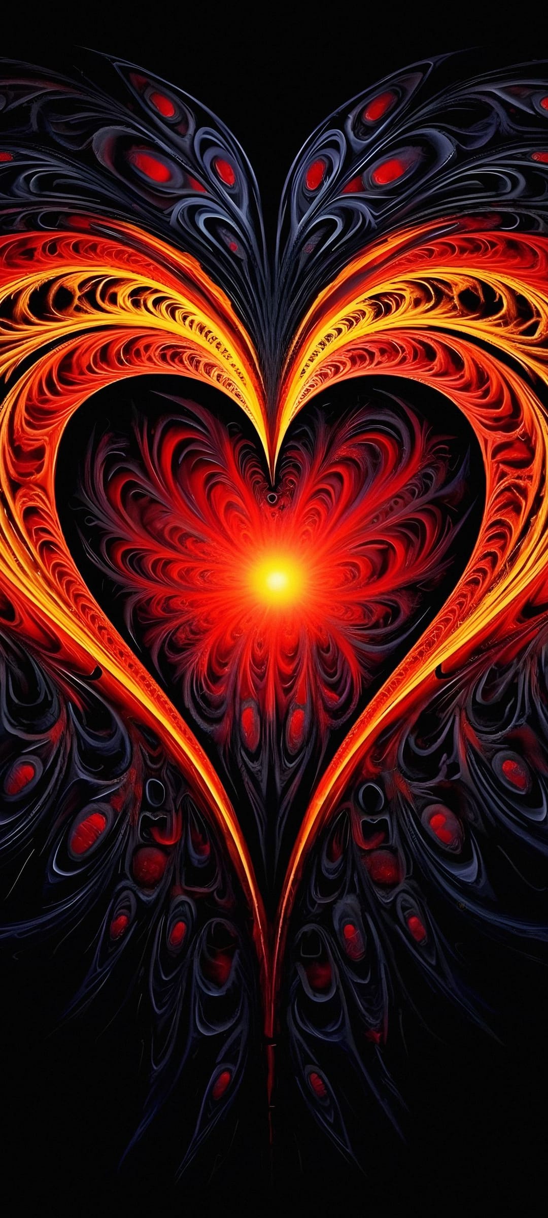 Glowing orange fractal heart with symmetrical dark red and blue wings set against a black background.