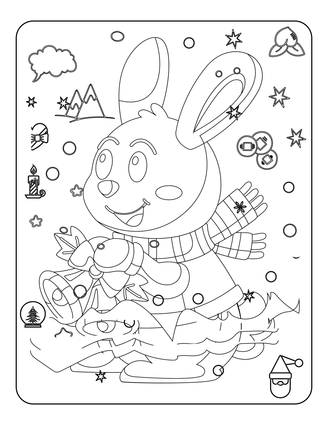 Rabbit coloring page featuring a bunny holding bells near a snow globe, mountains, and winter elements.