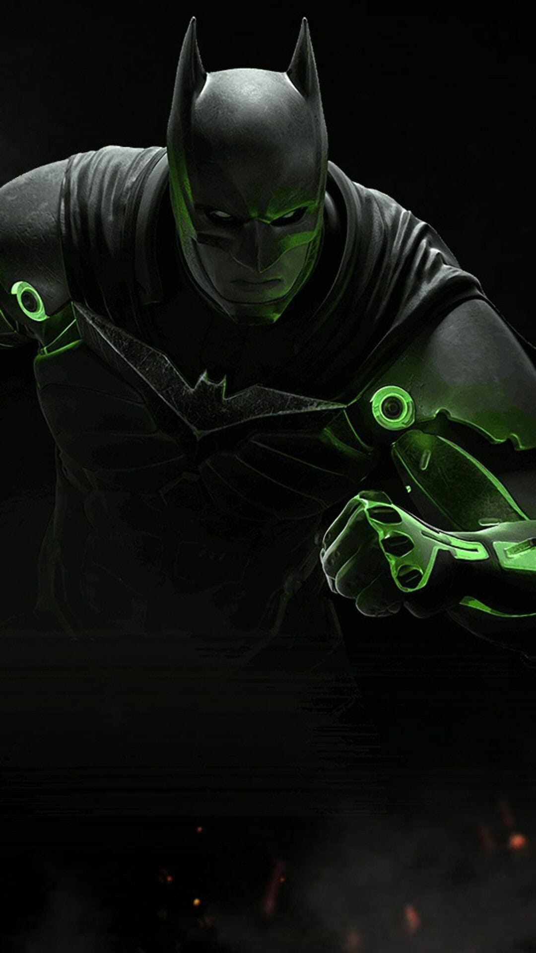 Batman in dark cybernetic armor with glowing green accents and chest emblem against a deep black background.