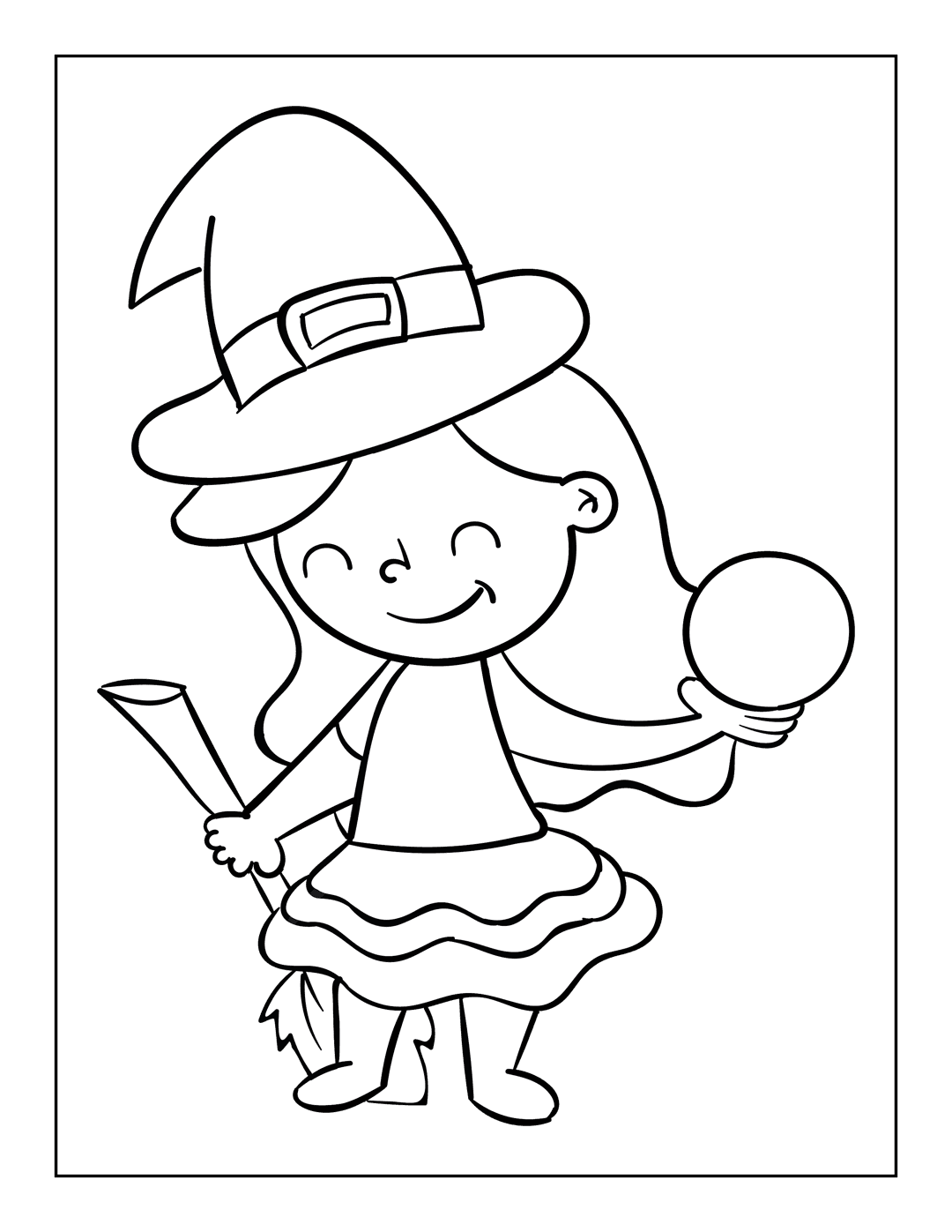 Witch coloring page featuring a cartoon character holding a broomstick and crystal ball with bold outlines.