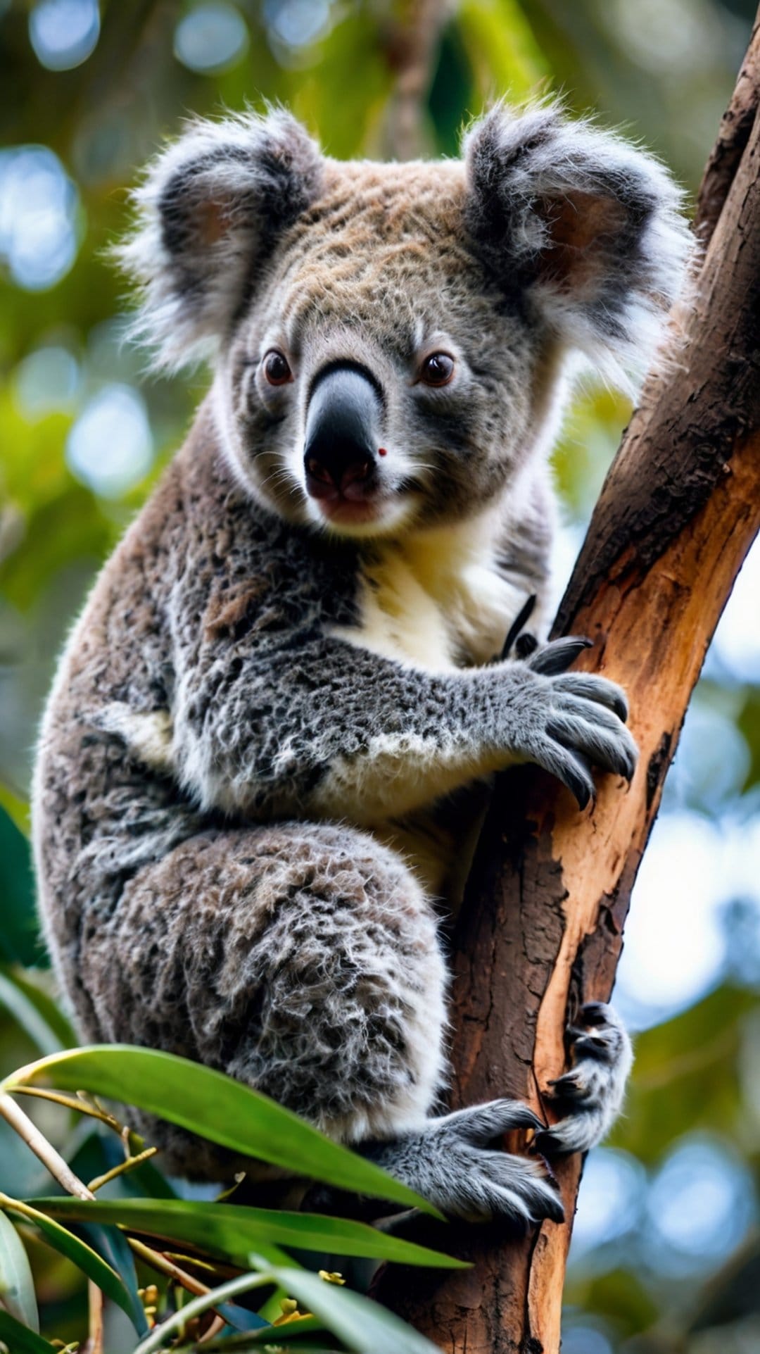 Koala with large fuzzy ears and a dark nose clings to a grey eucalyptus branch surrounded by green leaves.