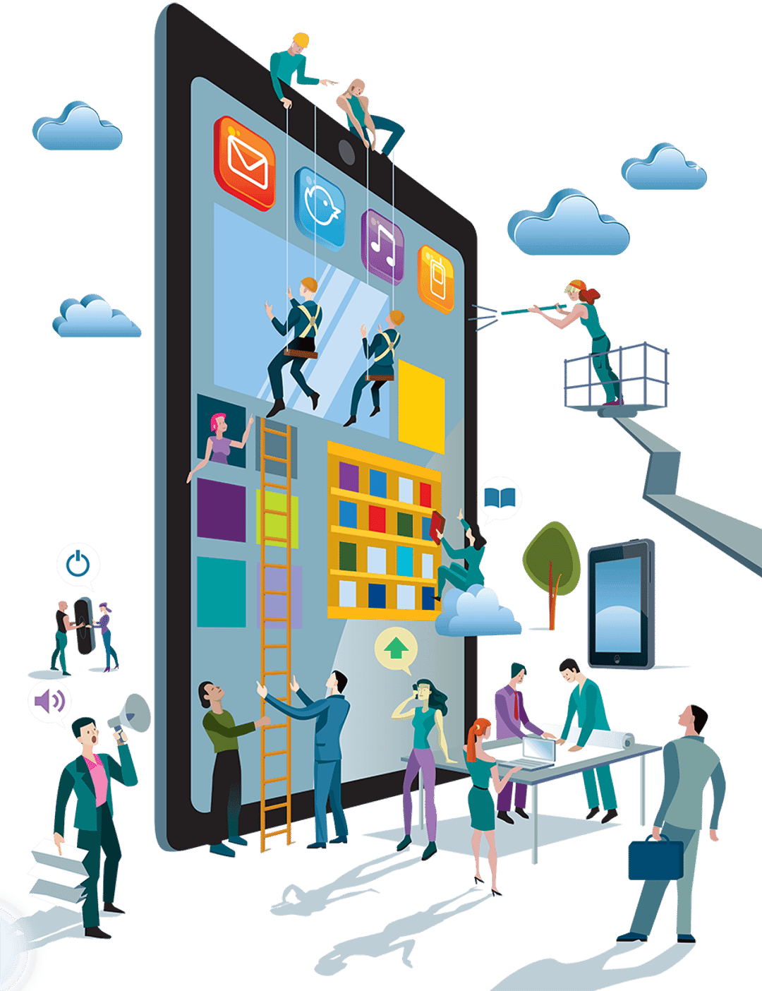 Digital transformation illustration showing business people using cloud technology and data charts in 3D style.