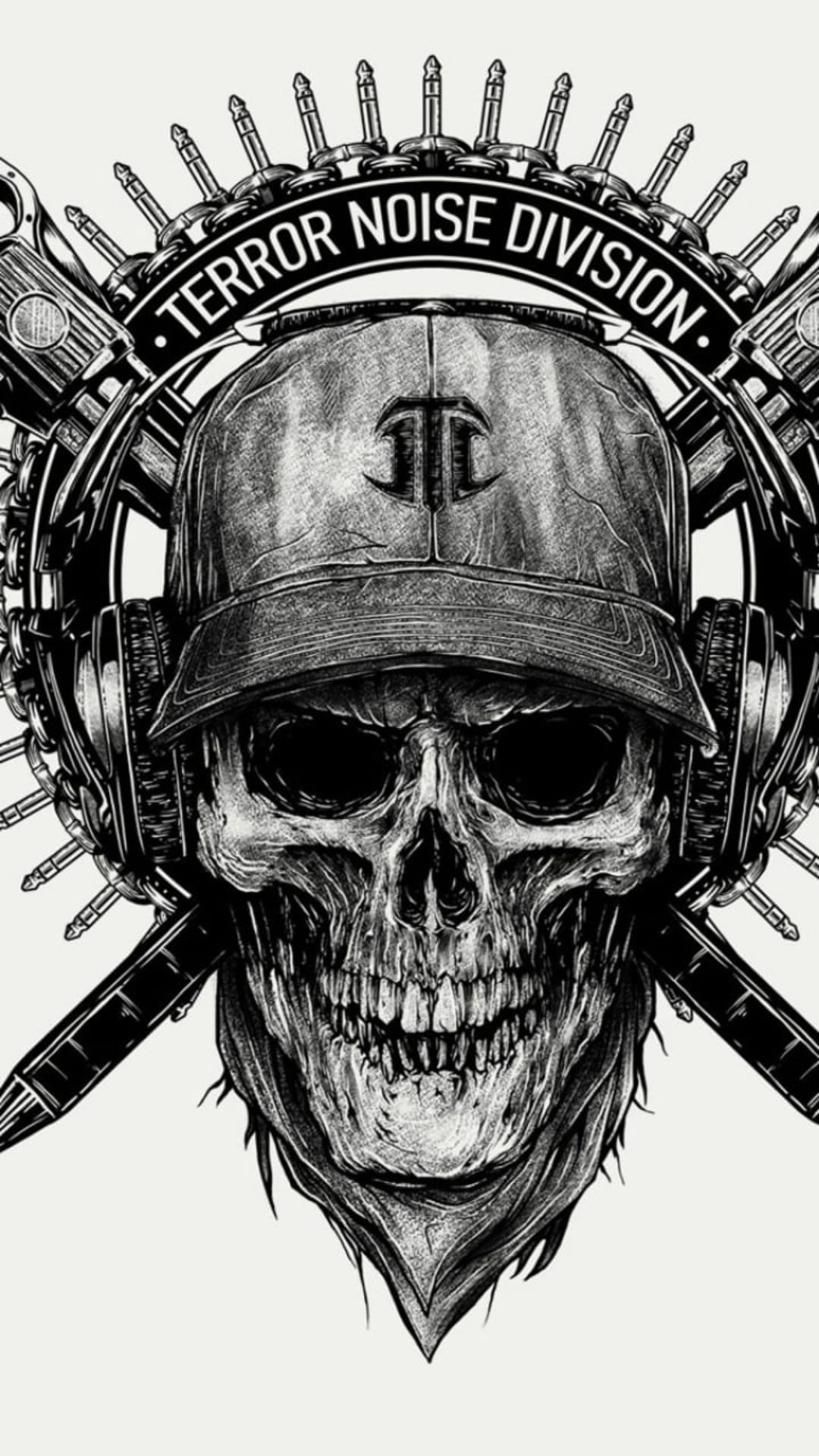 Skull with fangs wearing a baseball cap and headphones among audio jacks with Terror Noise Division lettering.