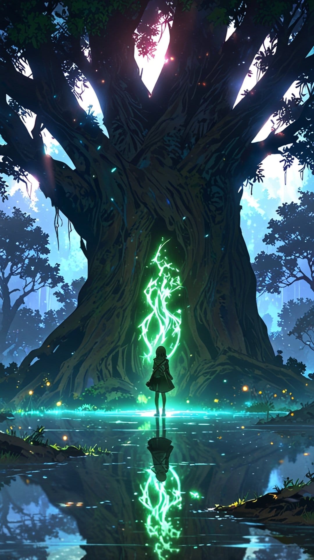 A girl stands before a giant cracked tree emitting green light that reflects into a dark forest pond with fireflies.