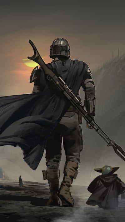 Mandalorian, Star Wars, Din Djarin, Grogu, bounty hunter, sci-fi, companionship, journey, desert, fan art, iconic duo, space western, warrior, foundling, protector, art, saga, adventure, helmet, The Child