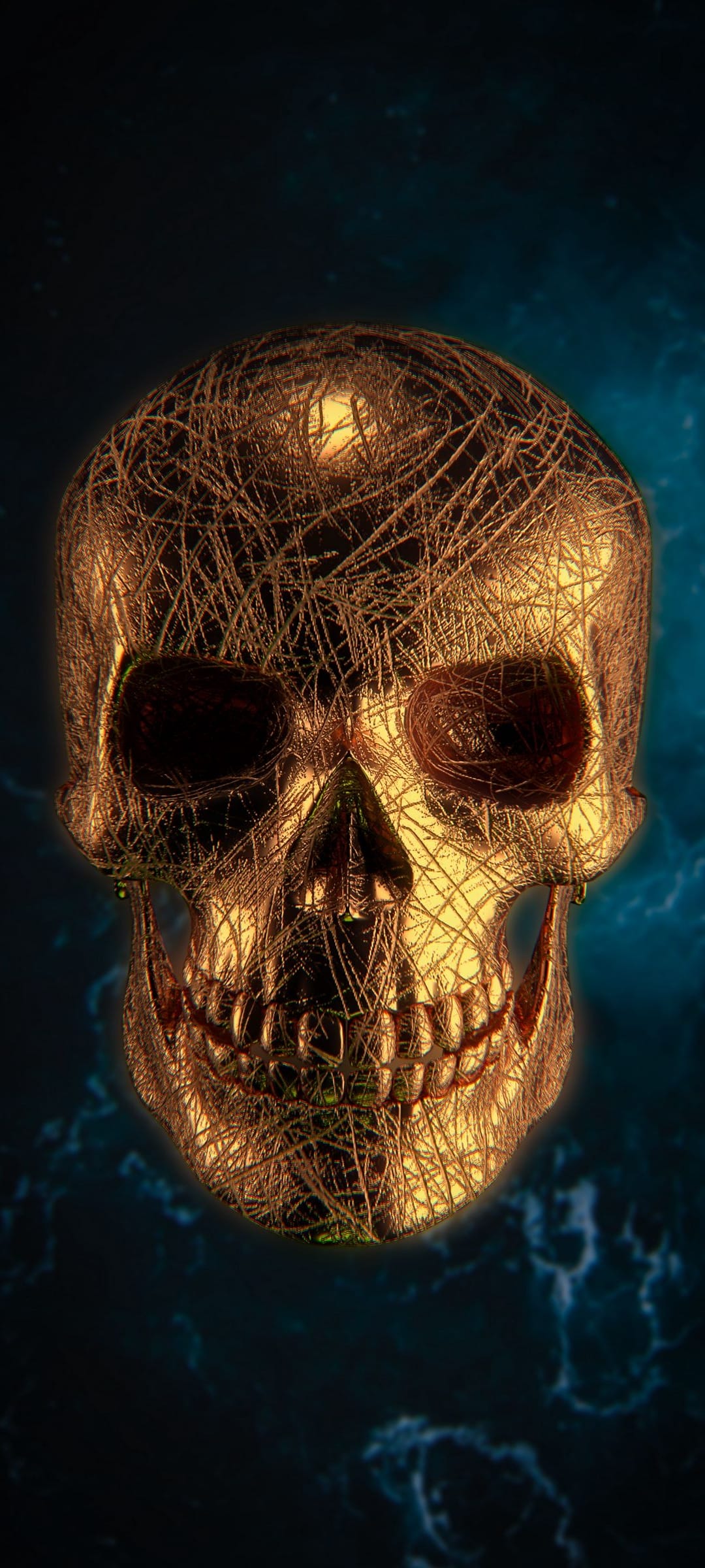 Golden wireframe skull with a warm inner glow suspended in a dark blue cosmic nebula with swirling star clouds.