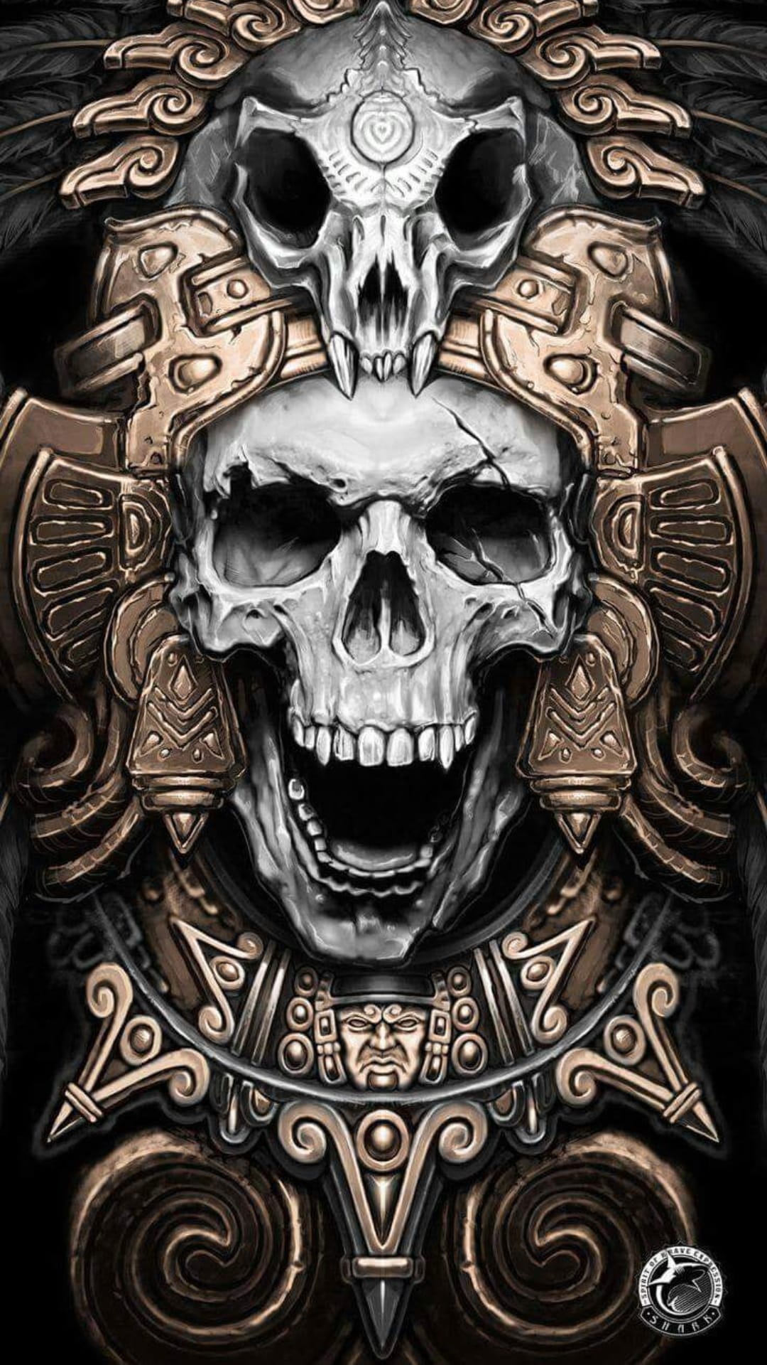 Skeletal Aztec headdress featuring a central screaming skull and golden metallic ornaments on a black backdrop.