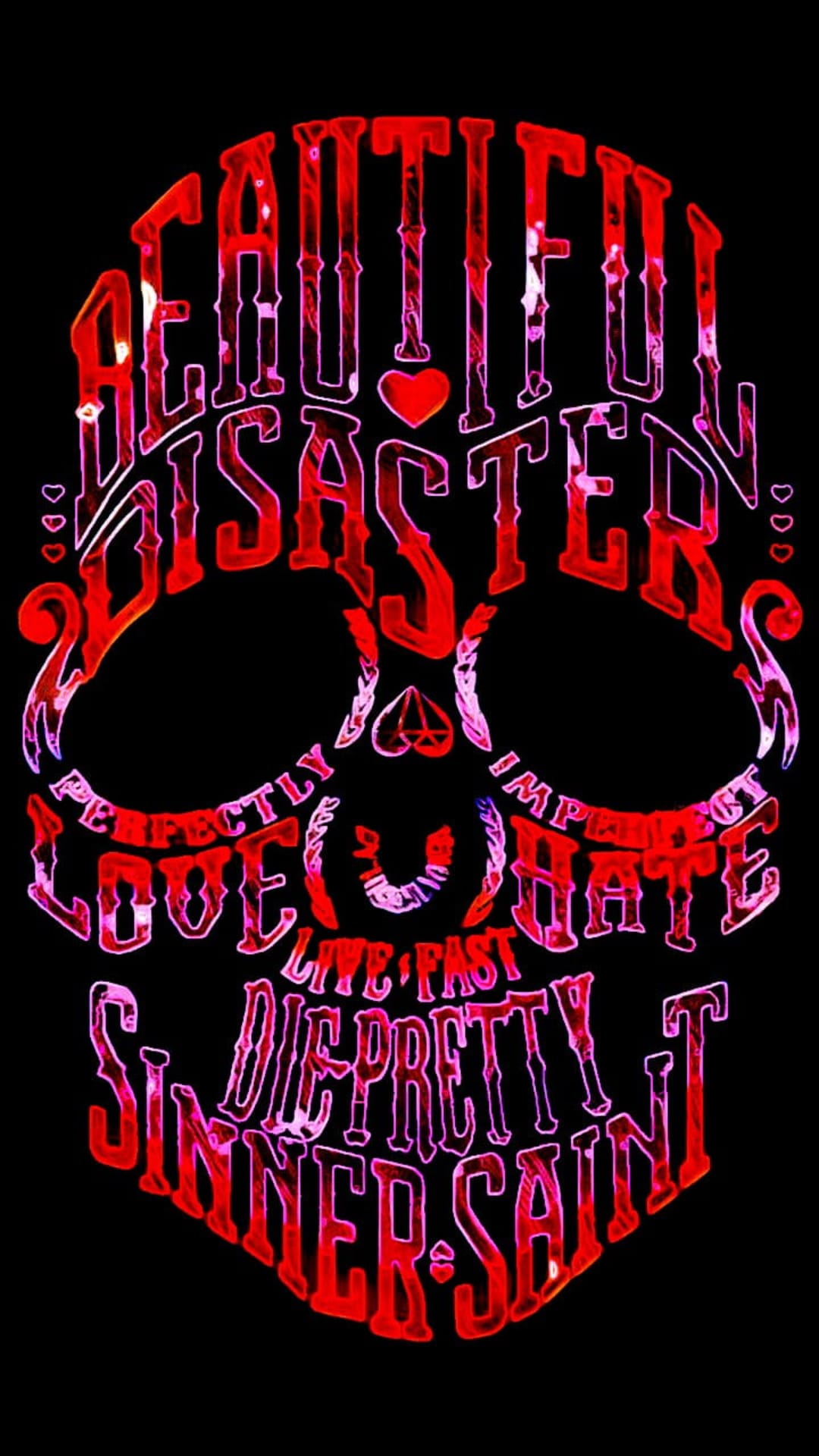 Human skull formed by red gothic lettering with phrases about love and hate set against a dark background.