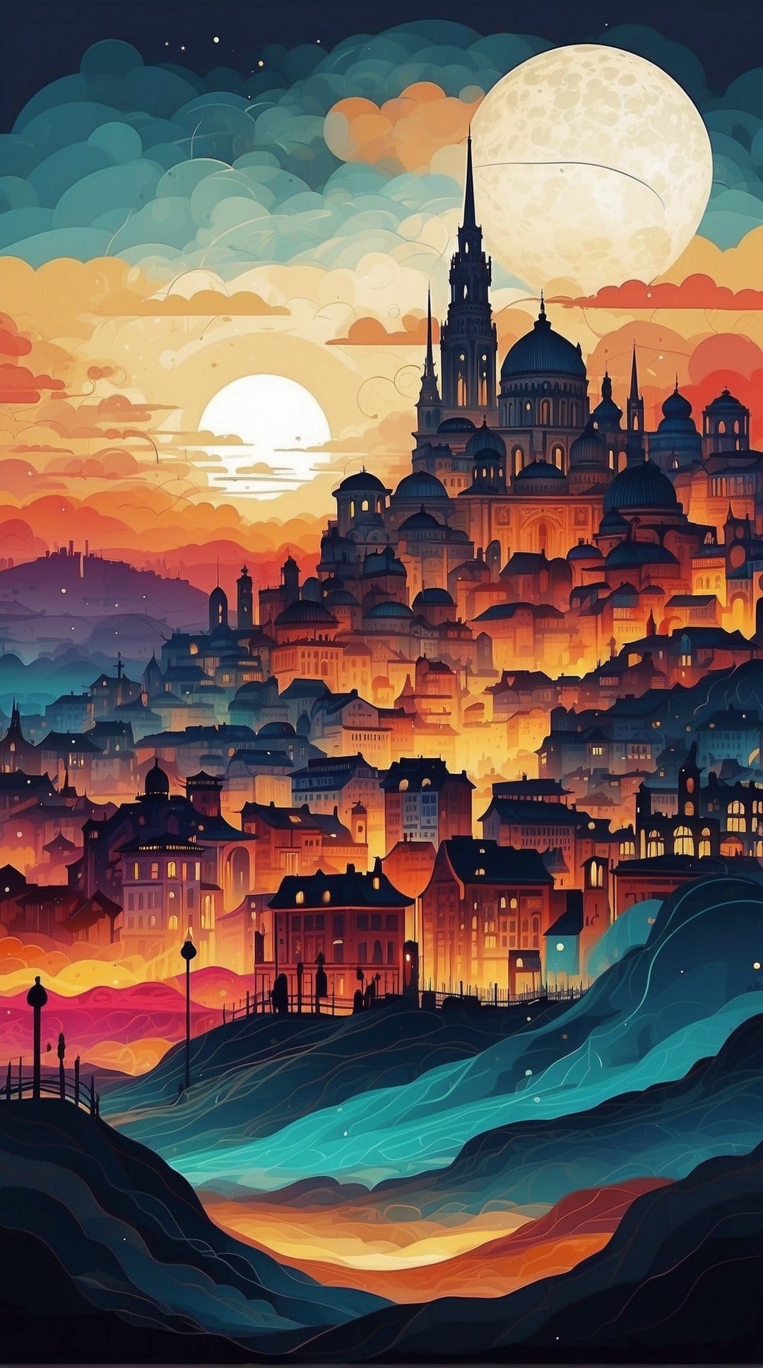 Two celestial moons glow over a sprawling golden city with spires and domed roofs during a vivid orange sunset.