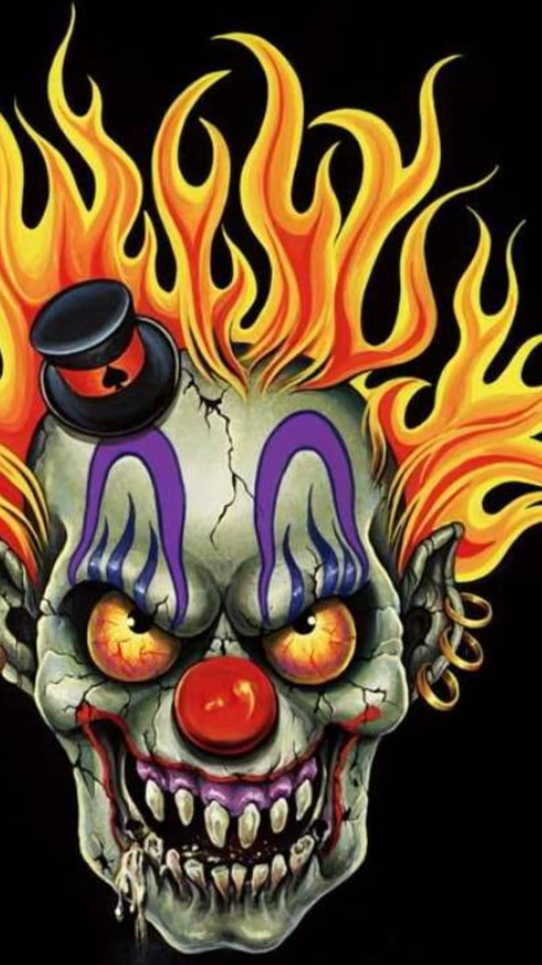 Clown skull with blazing orange hair, a black top hat, red nose, and sharp teeth against a dark backdrop.
