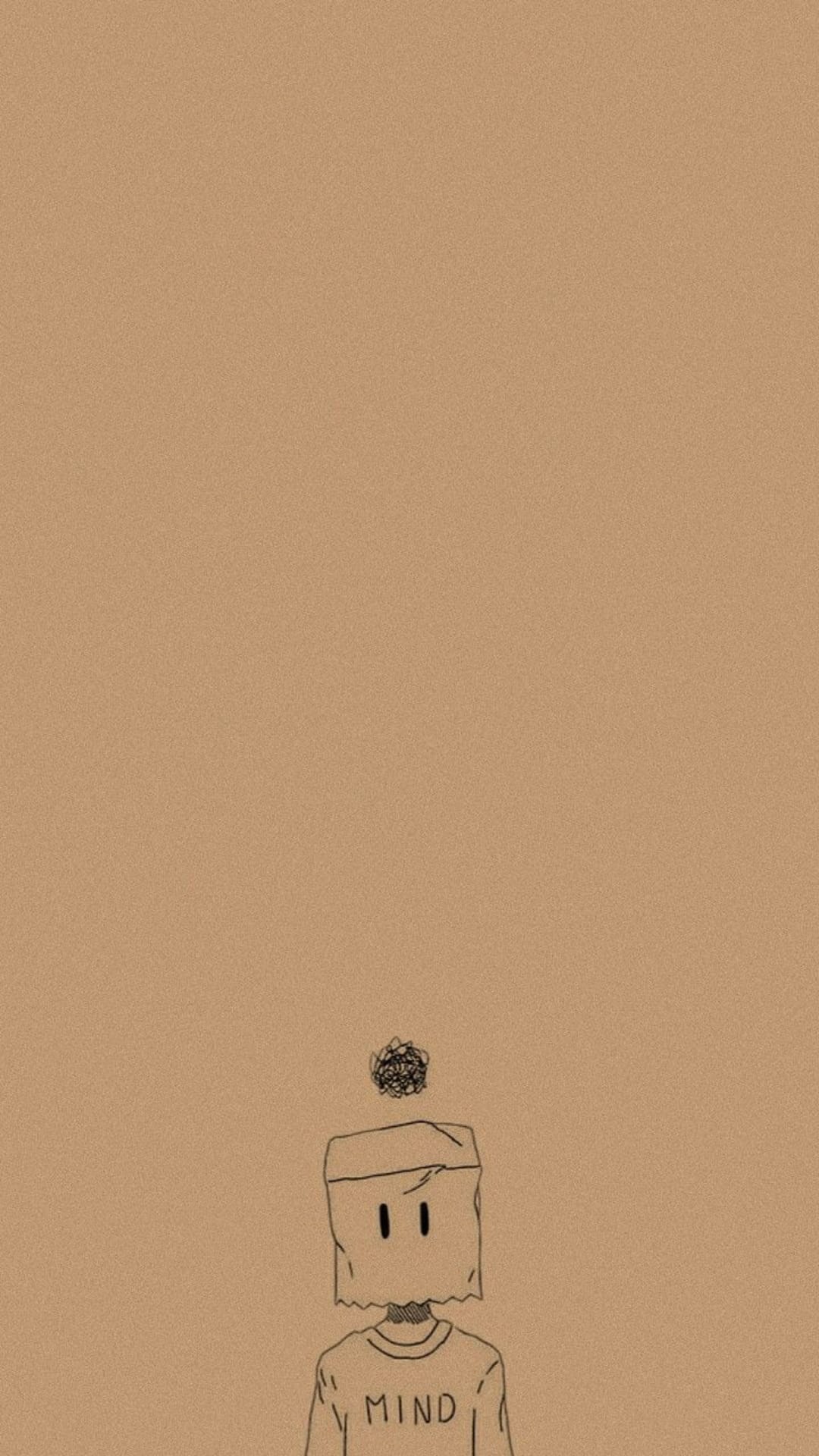 Person with a paper bag over their head and tangled lines above their crown against a textured brown background.