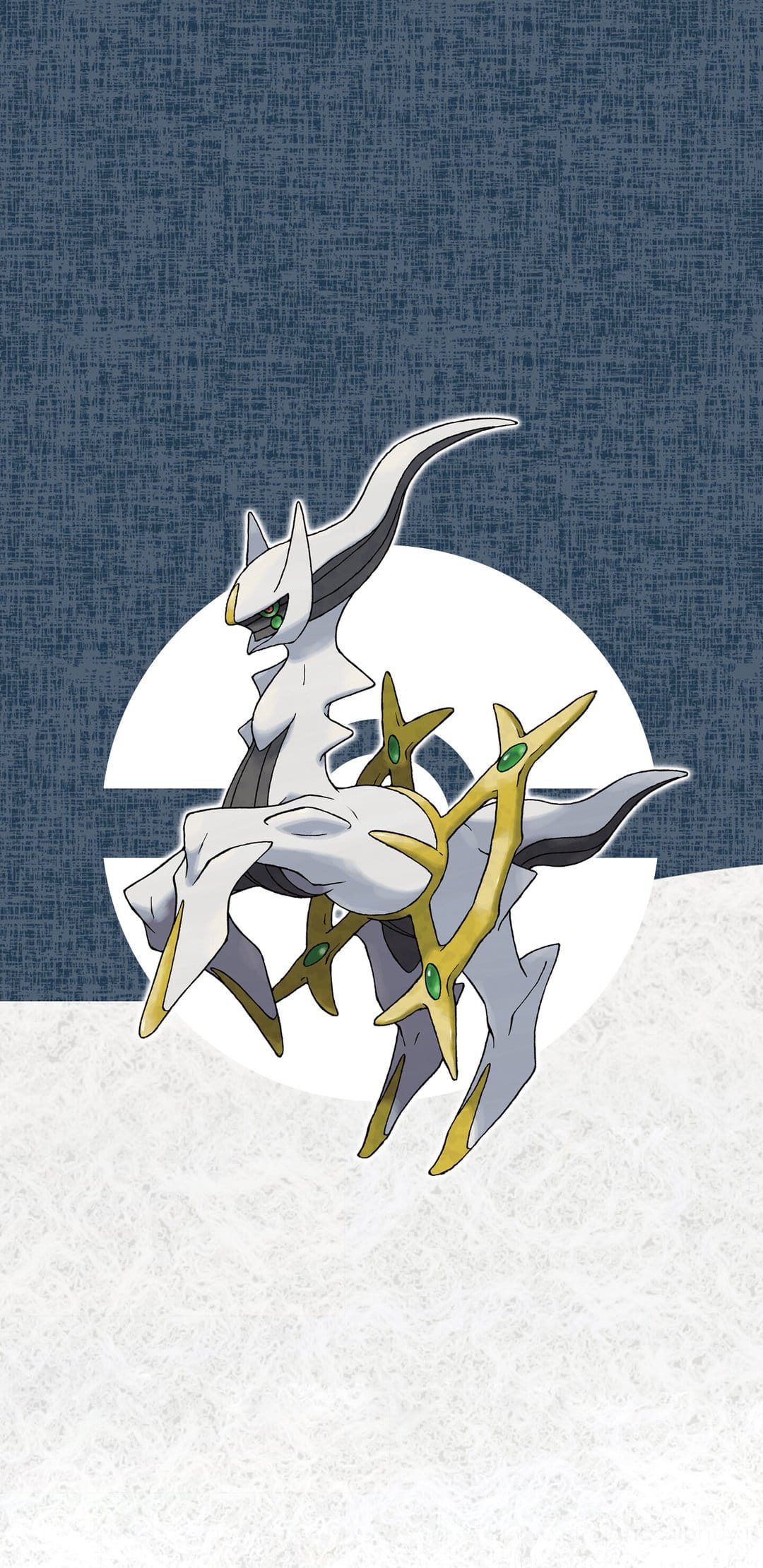 Arceus standing over a Poké Ball emblem on a split blue linen and white textured background for mobile screens.
