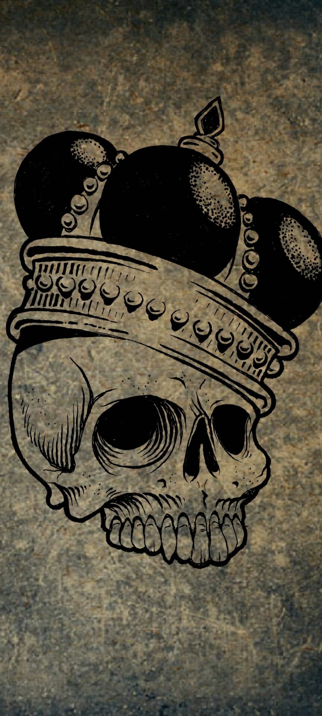 Human skull wearing a detailed royal crown with intricate etchings on a textured black and white background.