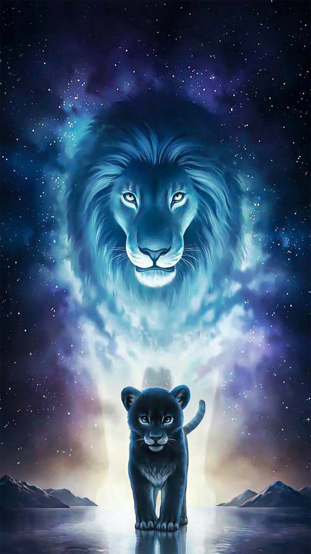 Three movie jokers stand before fire while a small lion cub looks up at a massive glowing cosmic lion in space.