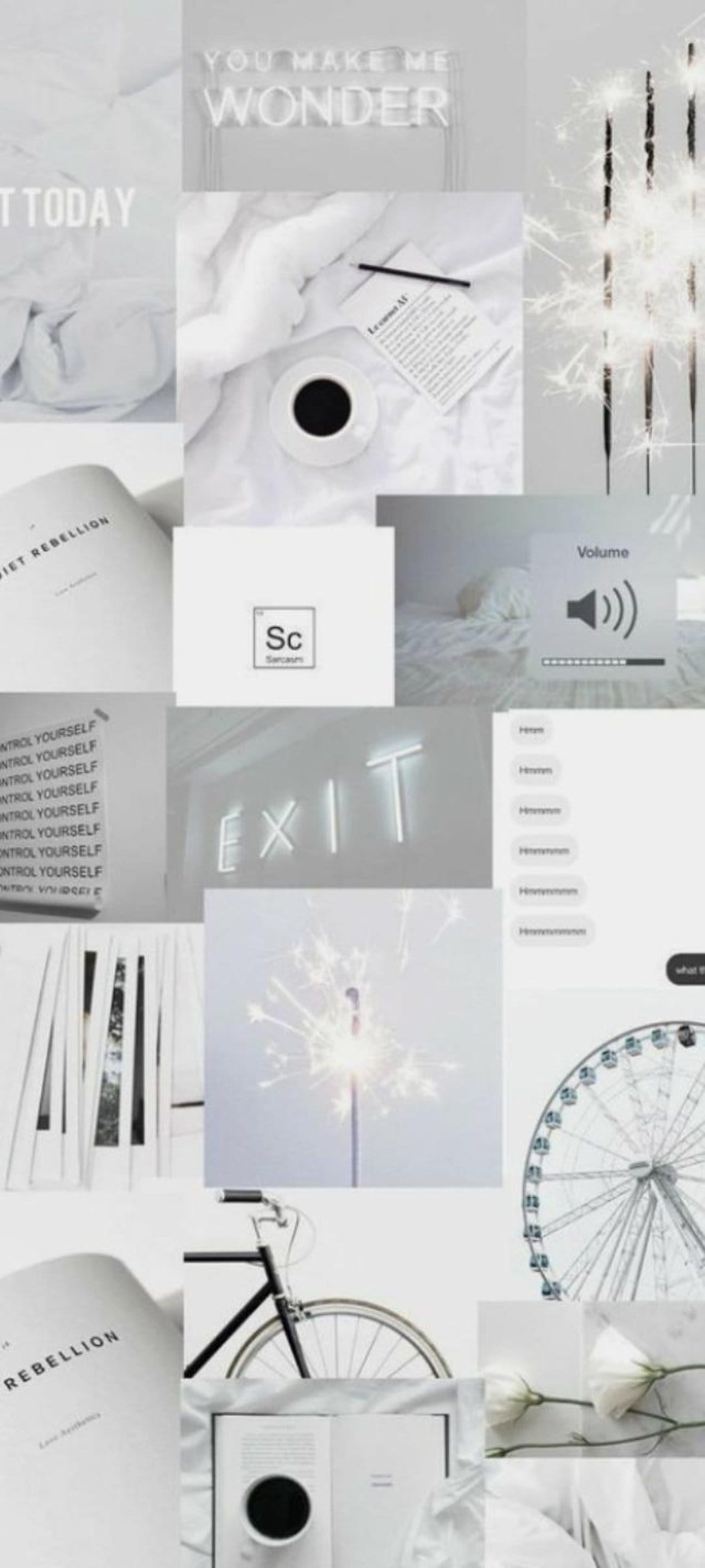 White aesthetic collage shows bedding, coffee, a book, a neon exit sign, and a Ferris wheel in soft light.