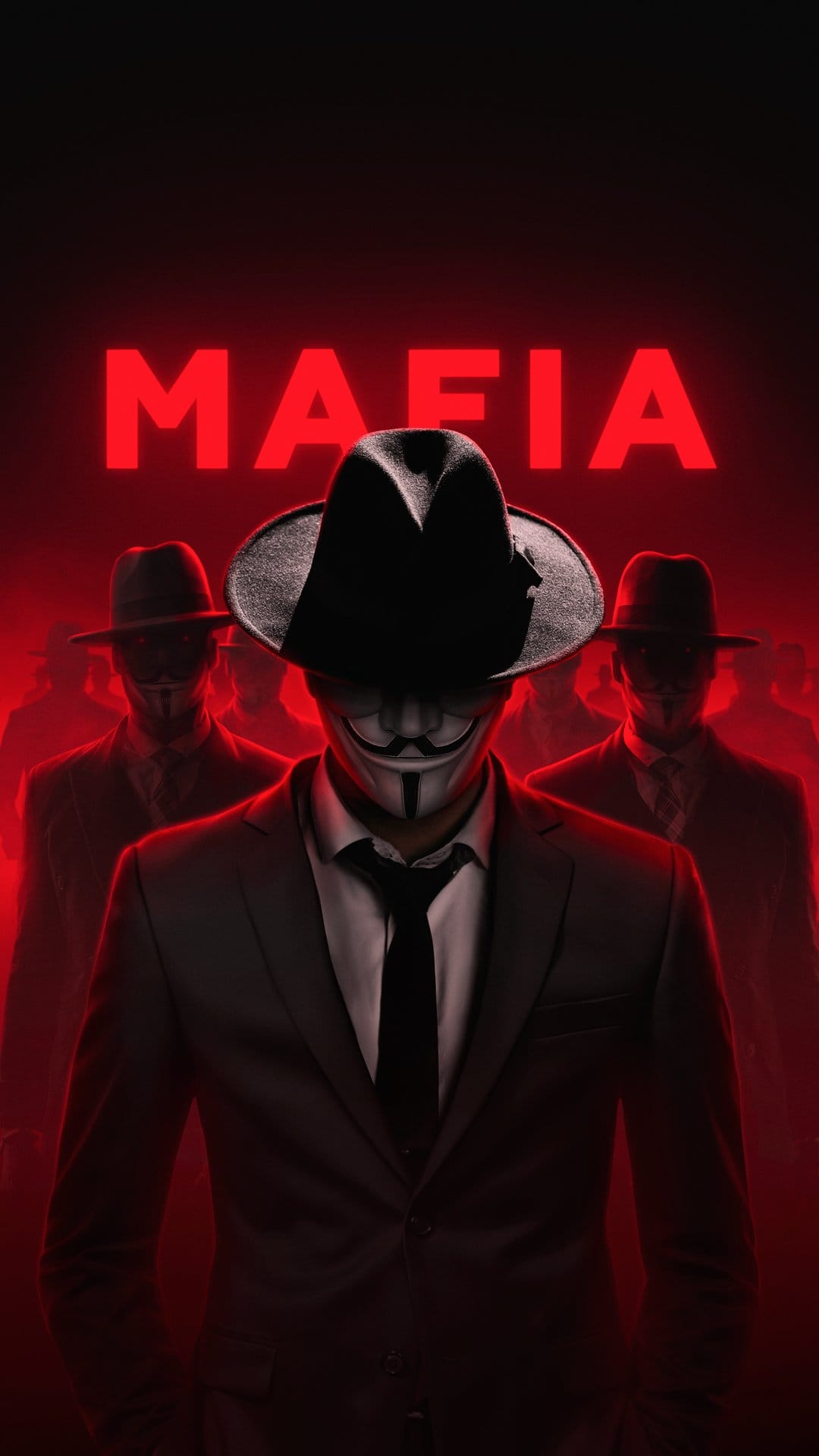 Mafia members in suits and fedoras stand in red light with a central figure wearing a white Guy Fawkes mask.
