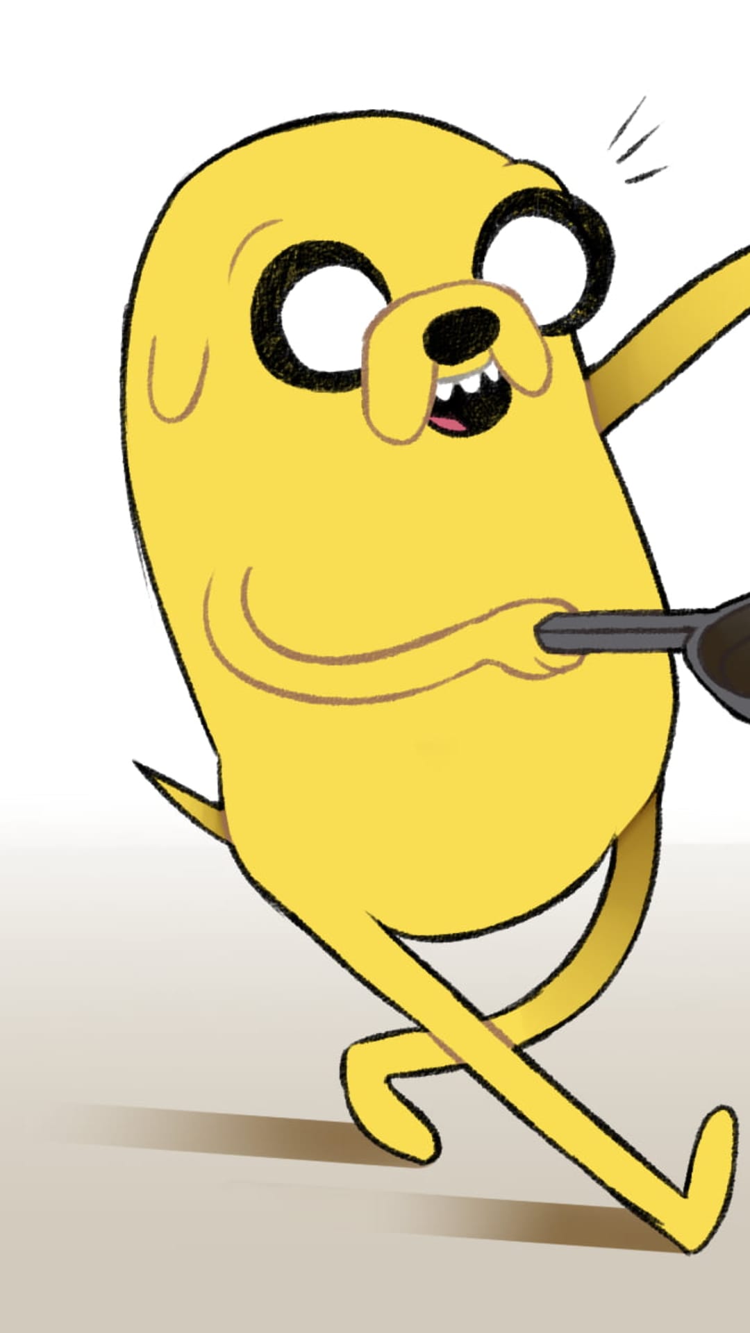 Jake the Dog runs forward with a frying pan, wearing a determined expression against a clean background.